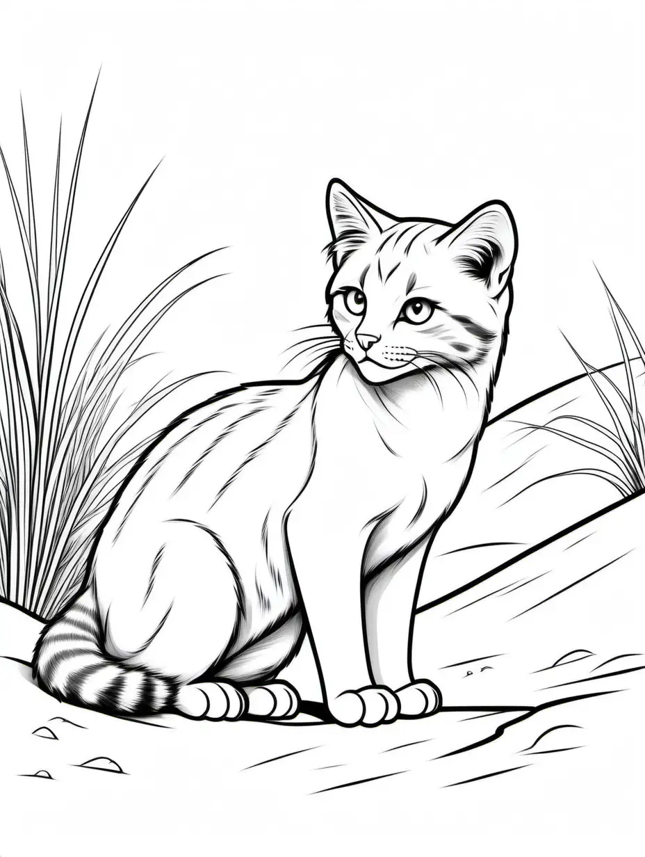 sand cat, Coloring Page, black and white, line art, white background, Simplicity, Ample White Space. The background of the coloring page is plain white to make it easy for young children to color within the lines. The outlines of all the subjects are easy to distinguish, making it simple for kids to color without too much difficulty