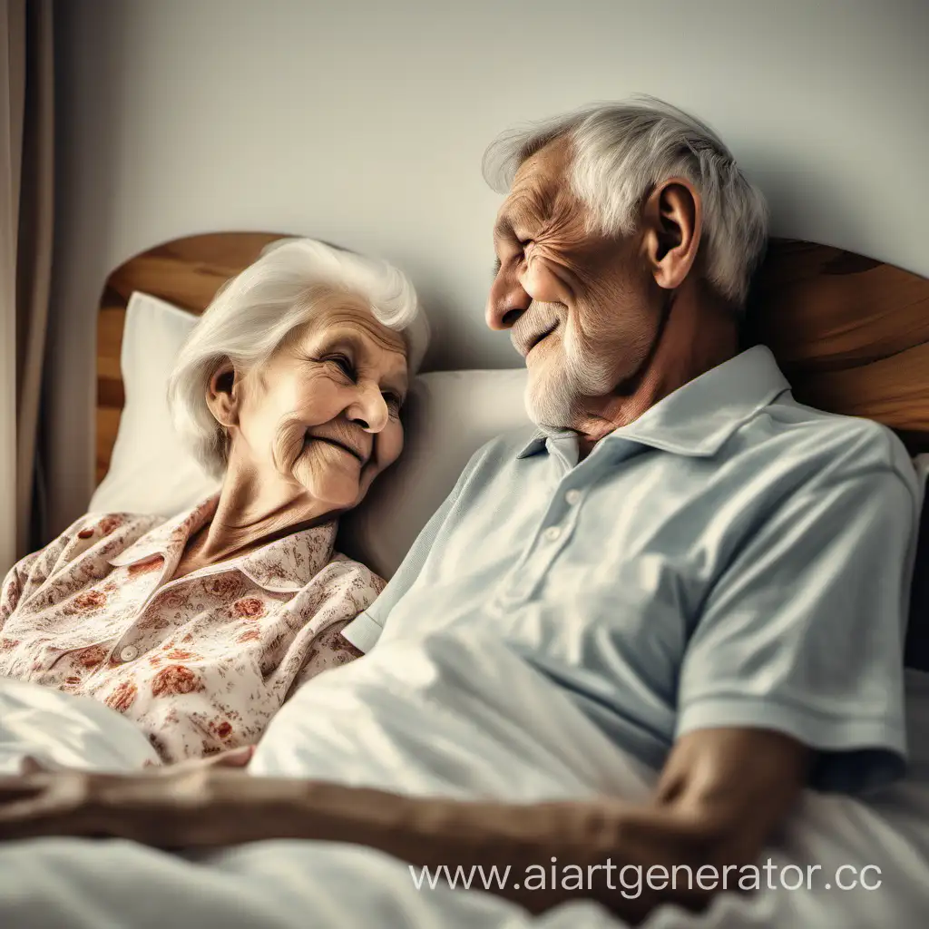 Пожилая пара лежит в одной кровати, влюбленно смотрят друг на друга, настроение светлое