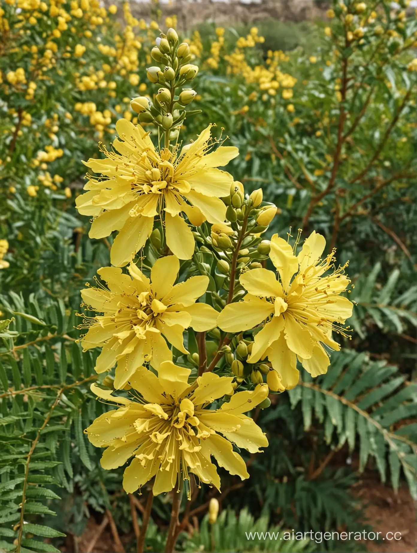 Acacia yellow big flower close up 8k between plants