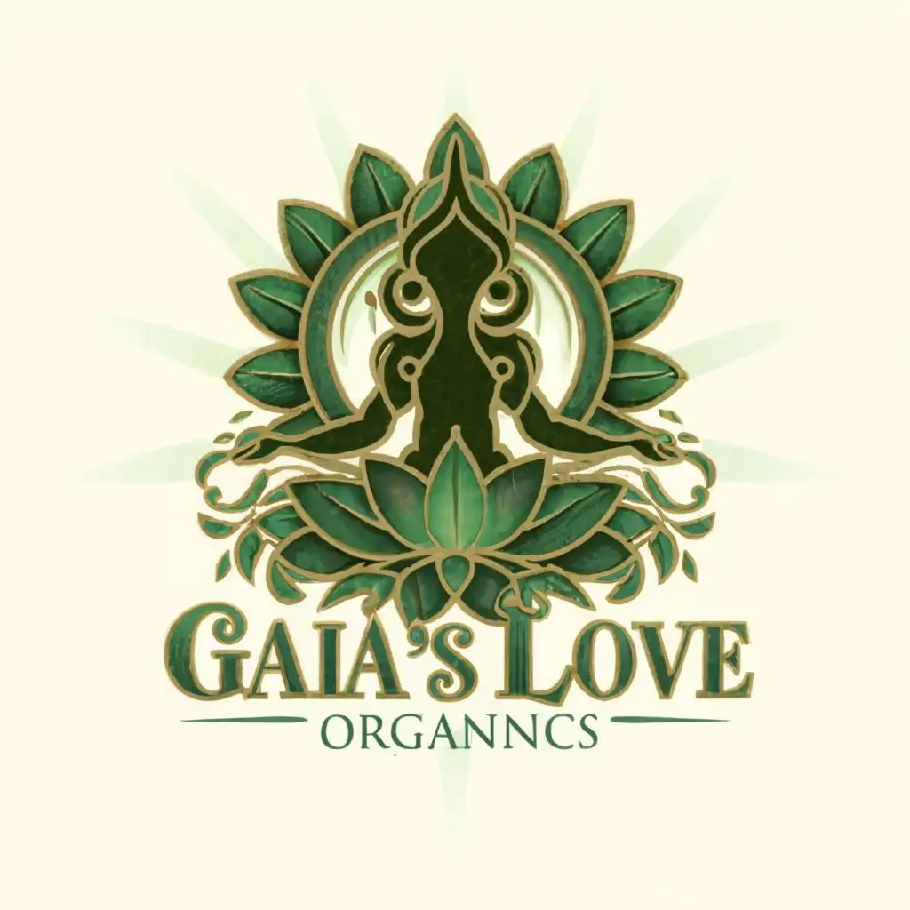 a logo design, with the text 'Gaia’s love organics', main symbol: Mother gaia meditating with lotus flower legs and holding an emerald green heart, Moderate, chakra color background