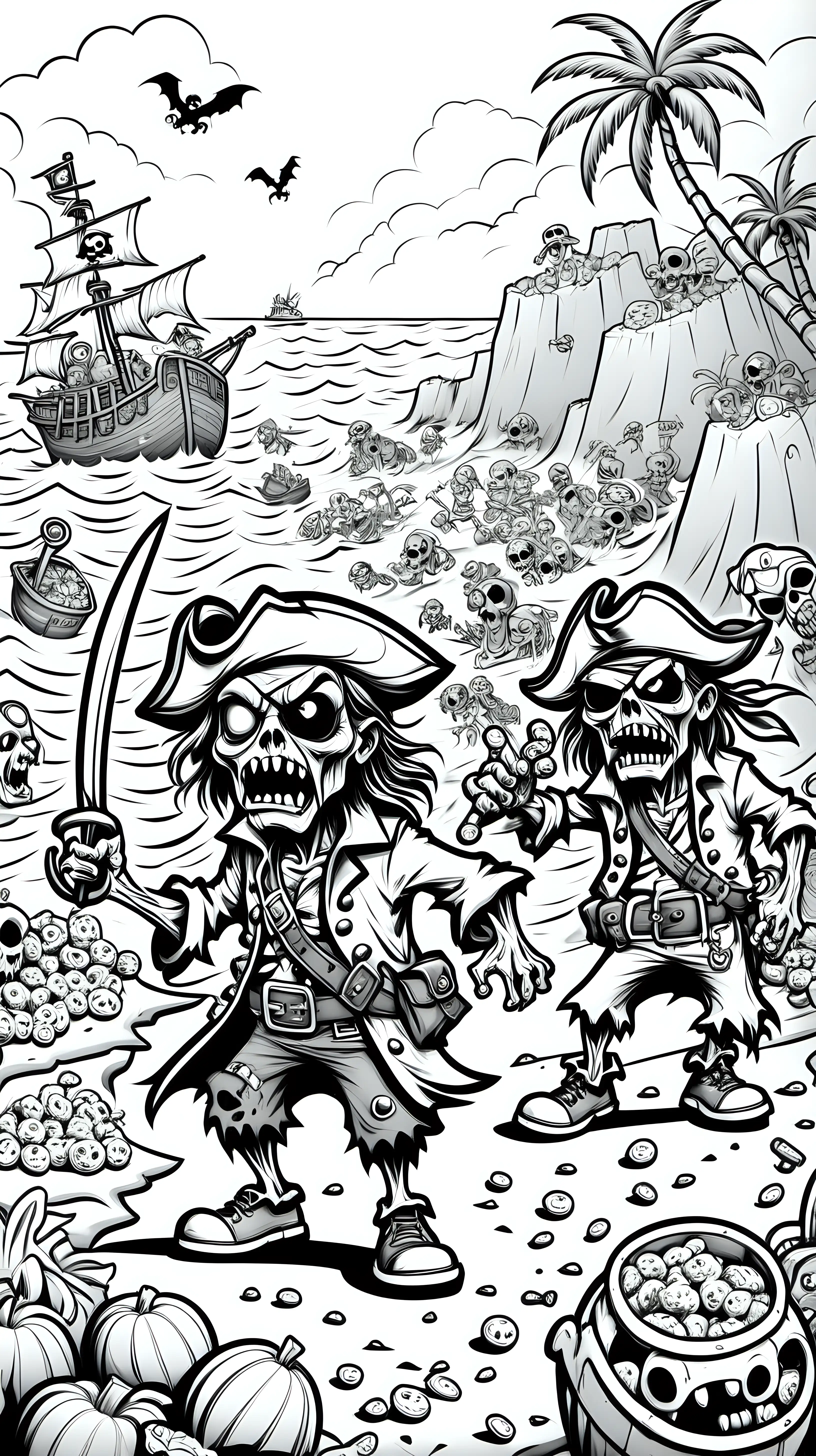 coloring book image, black and white image, of cartoon cute funny zombie pirates looking for candy treasure, island epic background