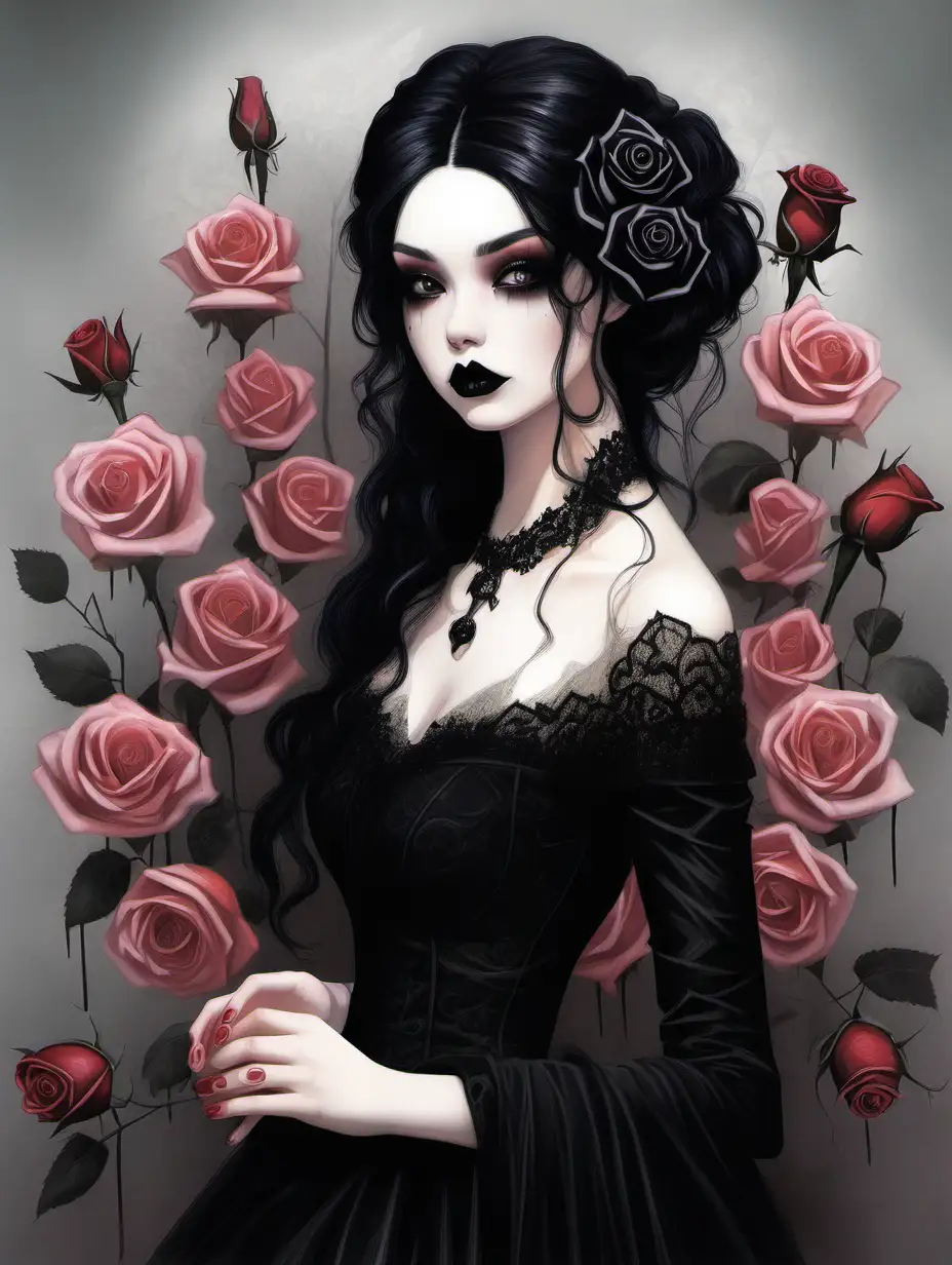 Gothic Bride with Black Dress and Rose Accents