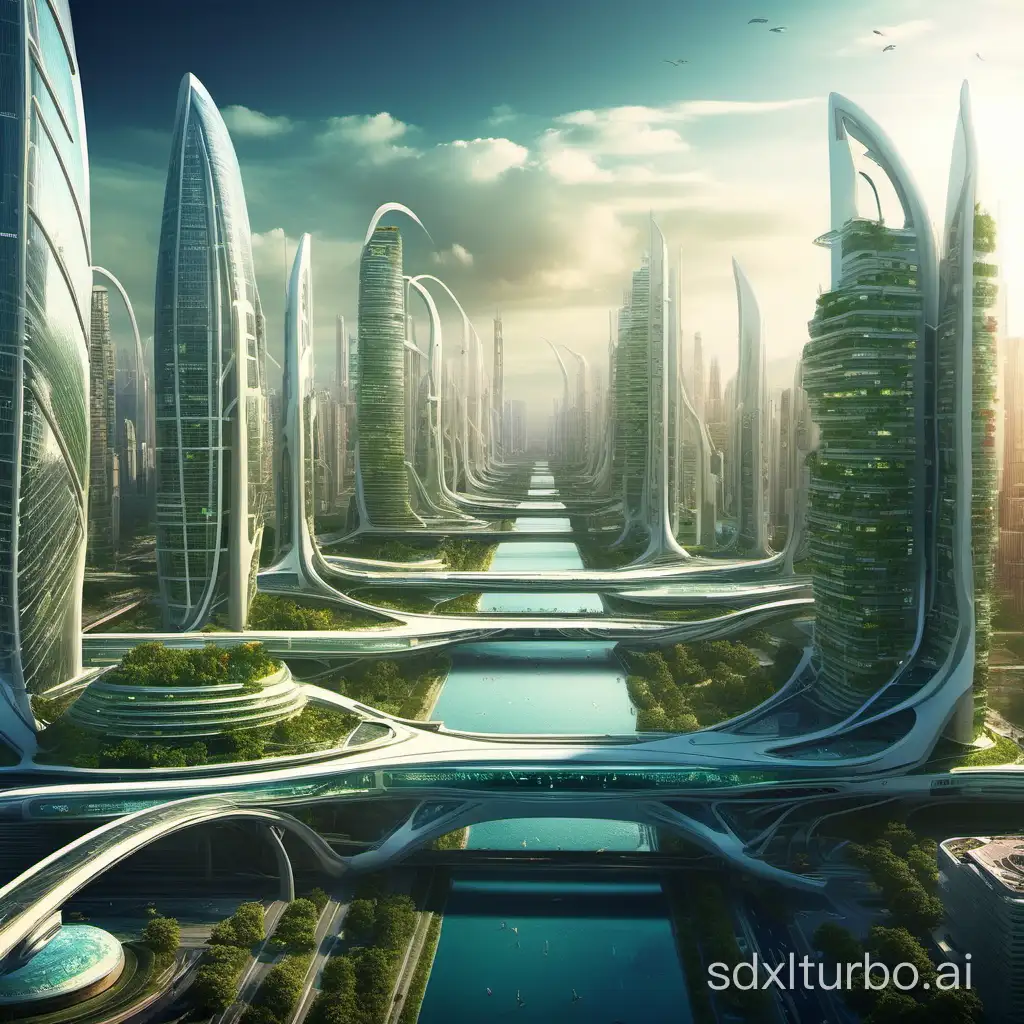 Futuristic-Cityscape-with-Advanced-Skyscrapers-and-Flying-Vehicles