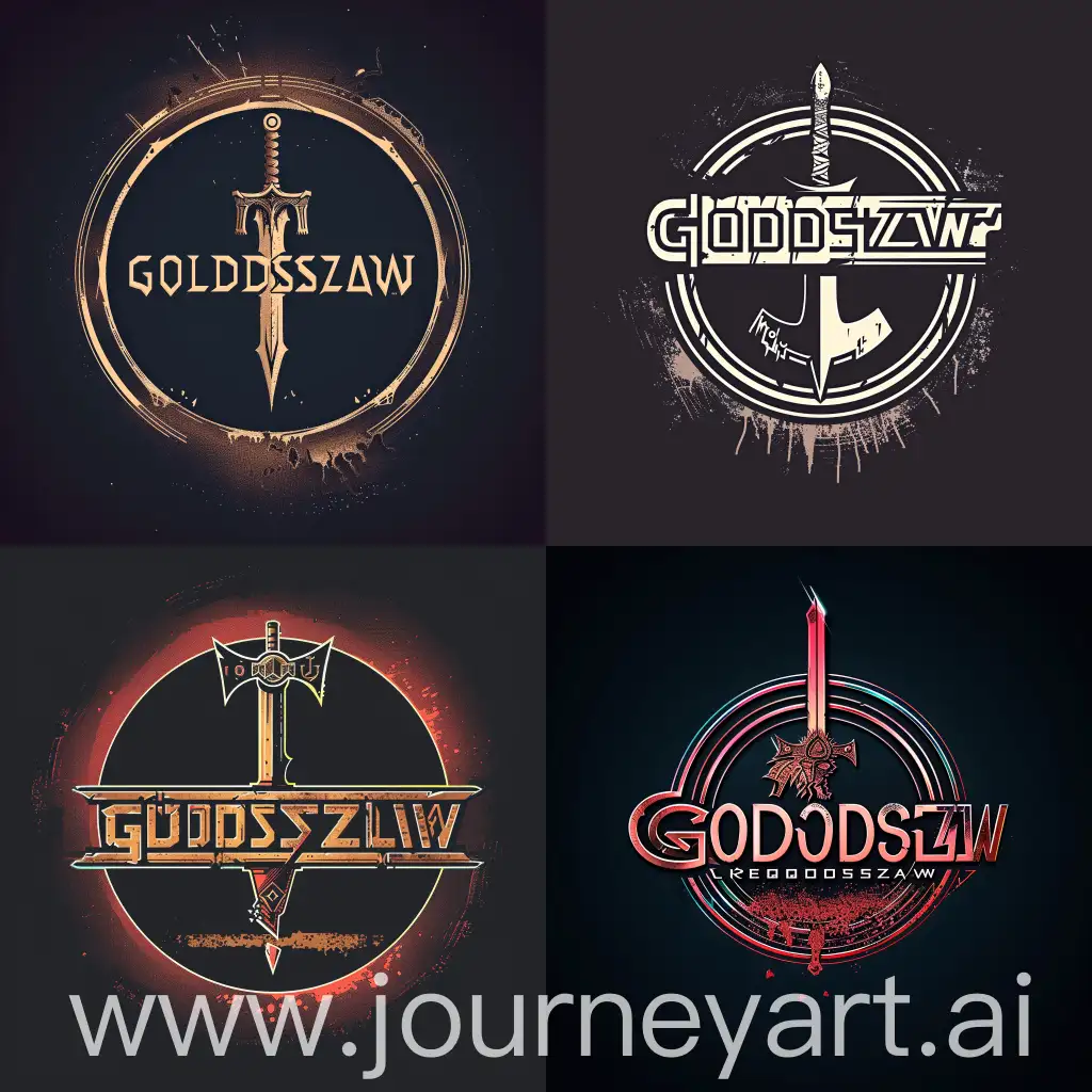Design a logo for the FPS game "Godslayer," featuring a futuristic Viking sword piercing the text, reminiscent of the Fallout or Elder Scrolls logos, with a stylized retro vintage aesthetic, and depict the bottom of the circle as deteriorating.