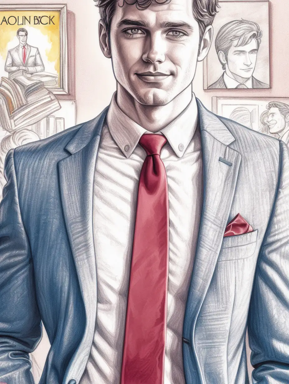 A book cover close-up colorful sketch of a suit and crimson tie, zoom in on the man's collar, in a rom-com animation style of THAT GUY book cover