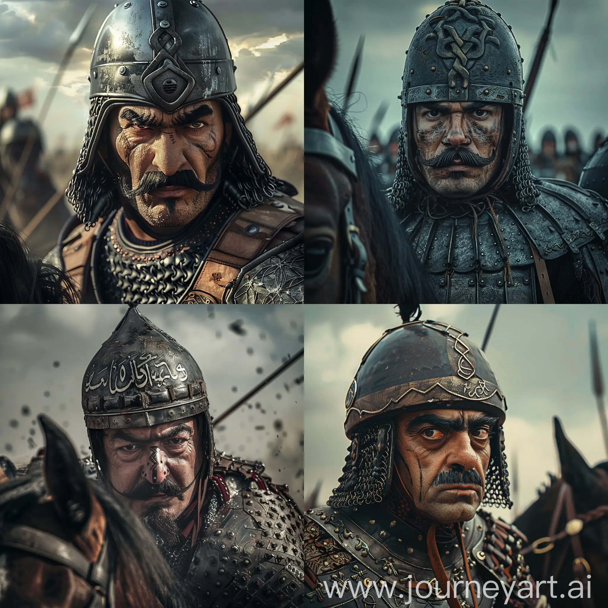 Slant eyed warrior depicted in lamellar plate armor and Islamic helmet, thick eyebrows, horseshoe style mustache, on horse, glorious horse harness, far sight camera, at battle field, cinematic lighting
