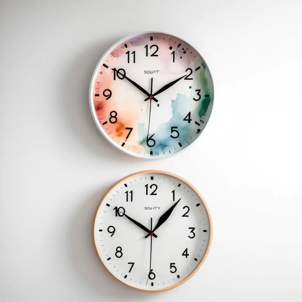  softly watercolored wall clocks  against white background
 