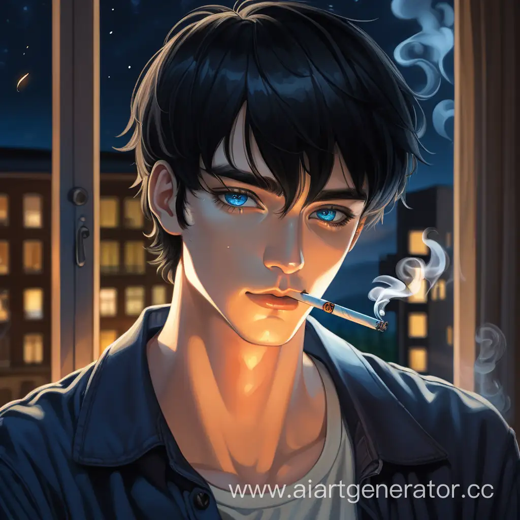 Handsome-Man-Smoking-a-Cigarette-by-Illuminated-Windows-at-Night