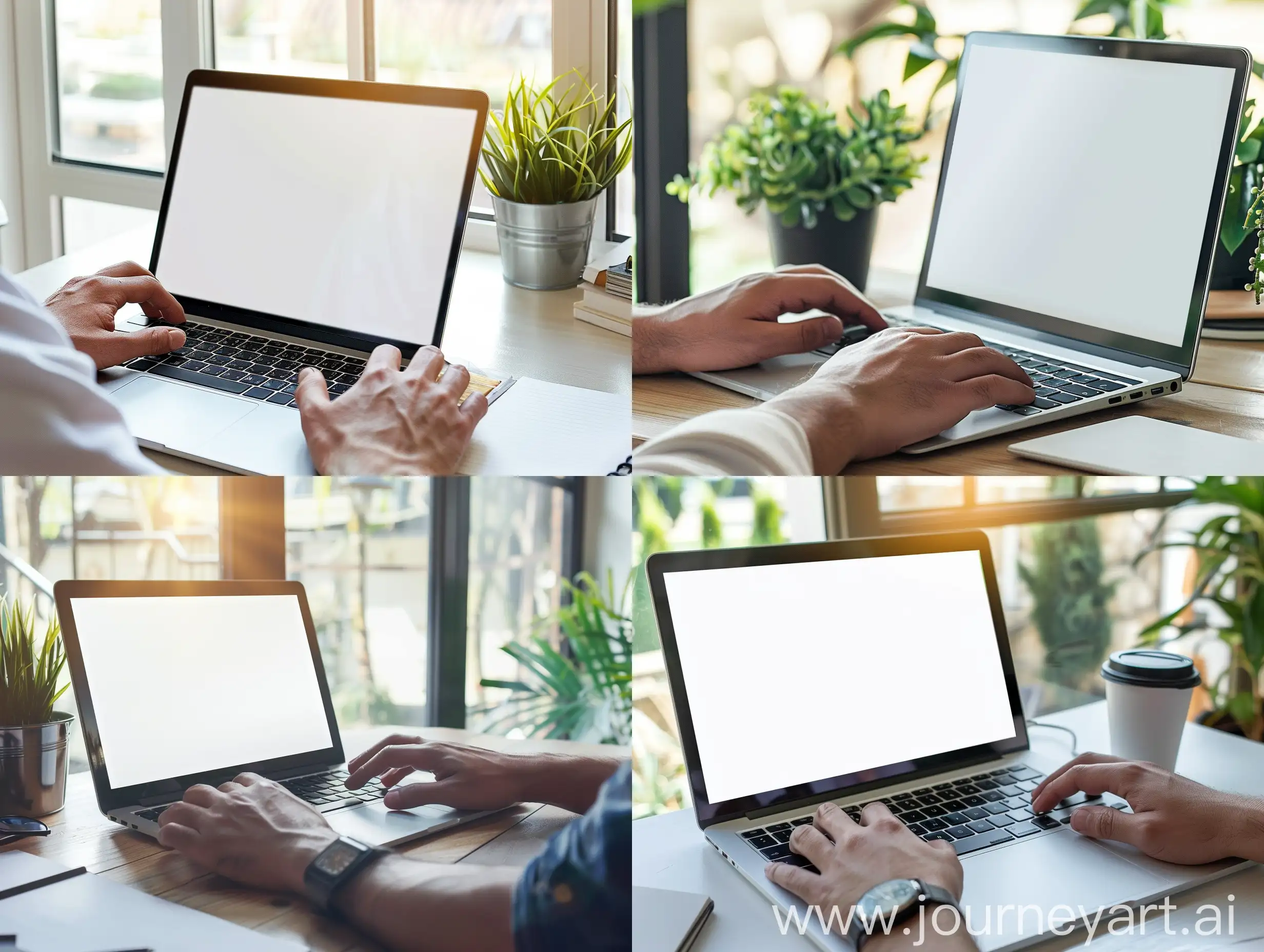 Man's hands using laptop with blank screen on desk in home interior