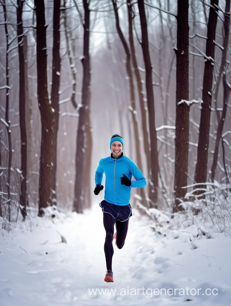 Бегущий улыбающийся спортсмен по зимнему лесу