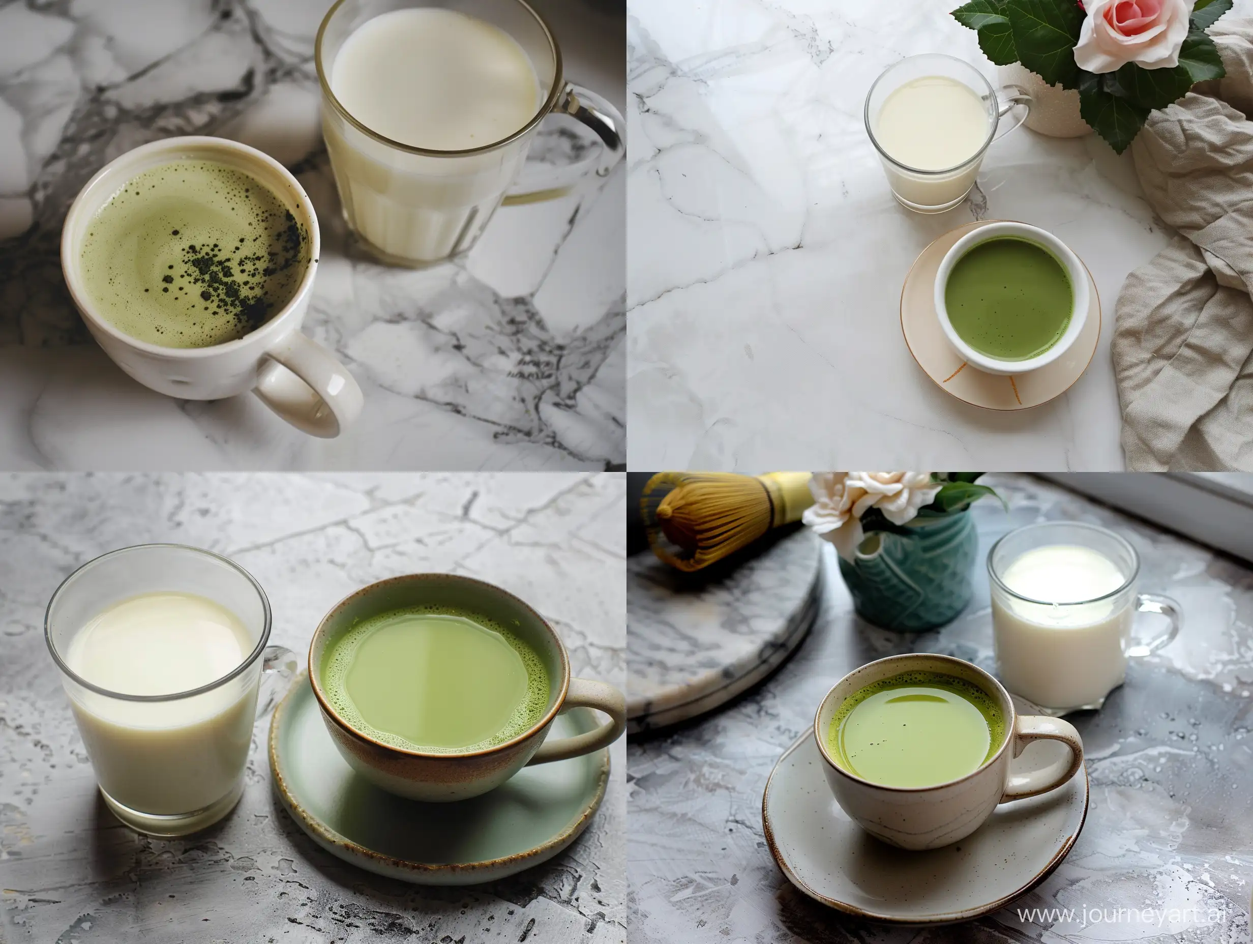 Natural and real photo of a cup of matcha tea and a glass of milk.