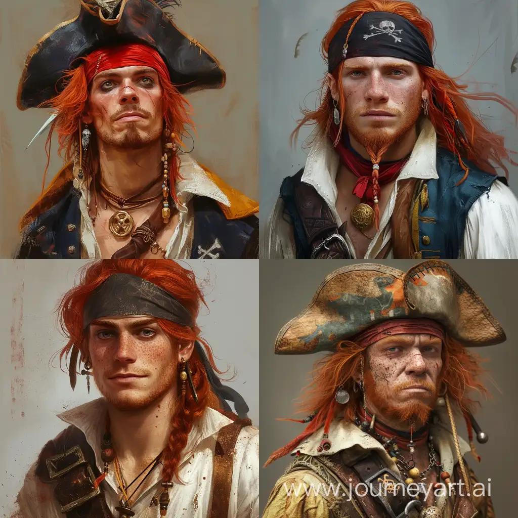 realistic picture of a red haired man wearing pirate costume