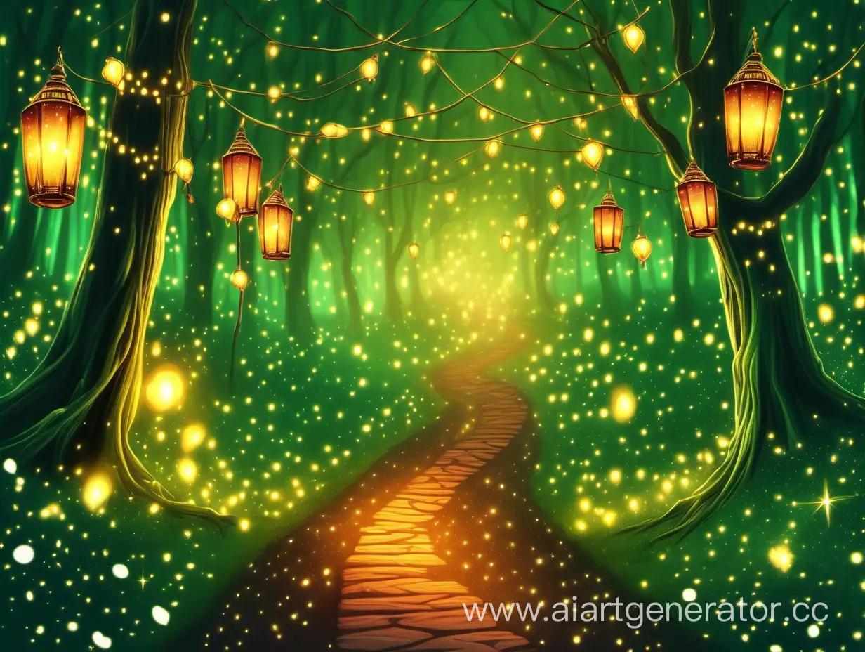 a green magical forest with a road stretching into the distance, lanterns, glitter, sun, warm colors, lights, fireflies hang on the trees