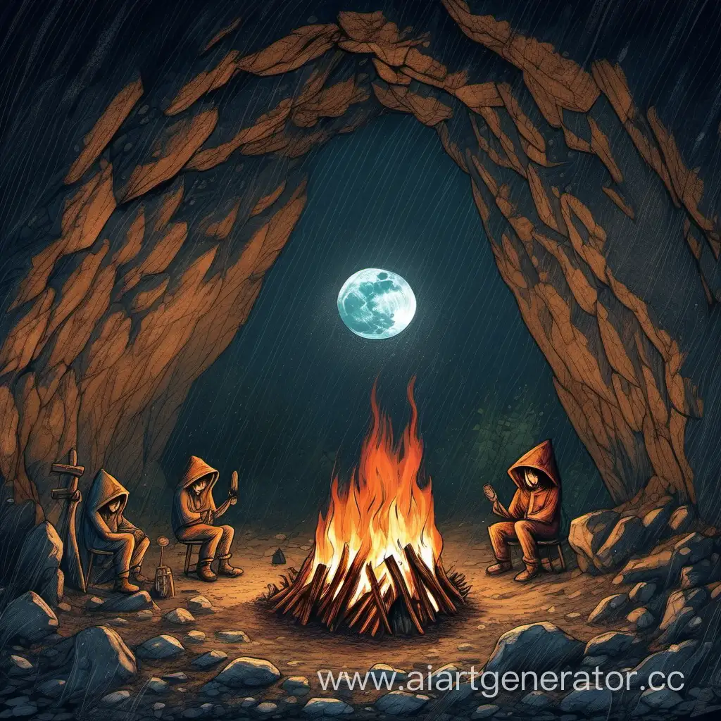 Enchanting-Bonfire-in-the-Cave-and-Forest-Moonlight-Rain