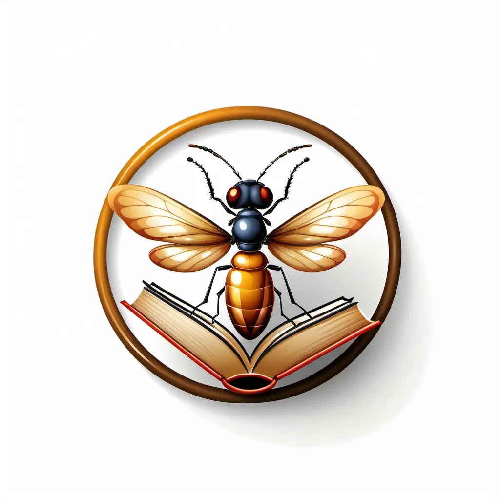 logo of a realistic insect studying a book  on white background with a circle