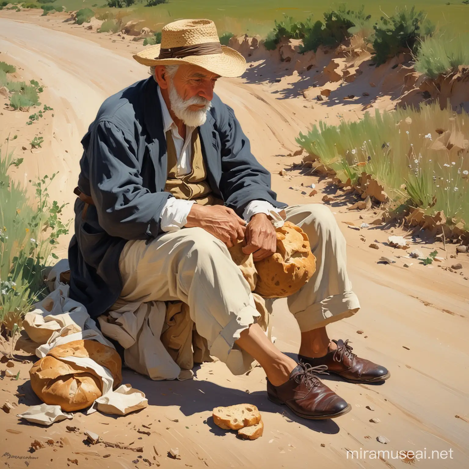 картина в стиле Хоакин Соролья, эпическая старик и мальчик , у дороге в поле, сидят, устали,в руках хлеб и крушка с водой, босой ,бадинки рядом