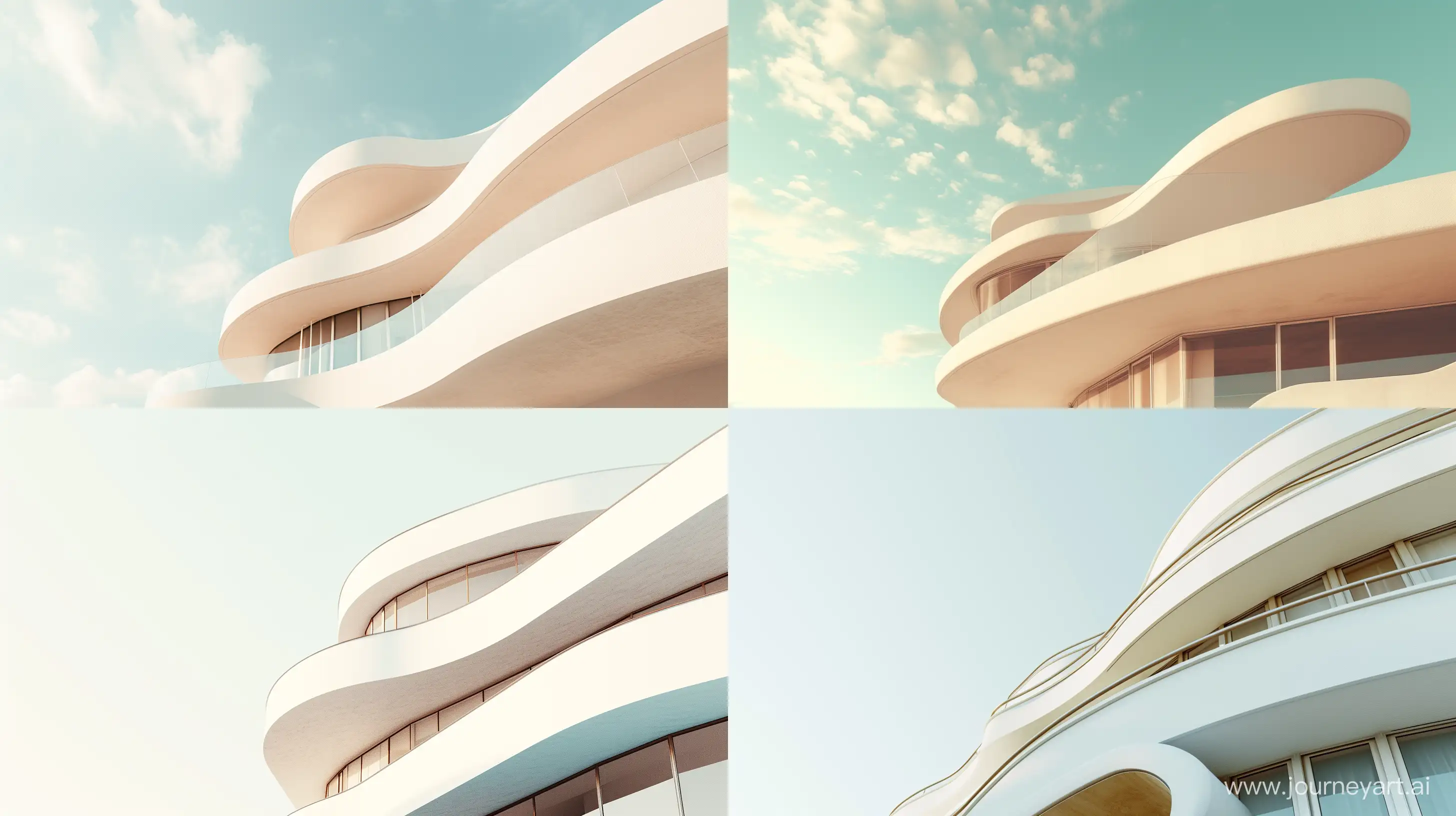 a very building with a white background, in the style of organic shapes and curved lines, light sky-blue and dark beige, uhd image, new leipzig school, extreme angle, mycenaean art, anamorphic lens --ar 16:9 --v 6.0