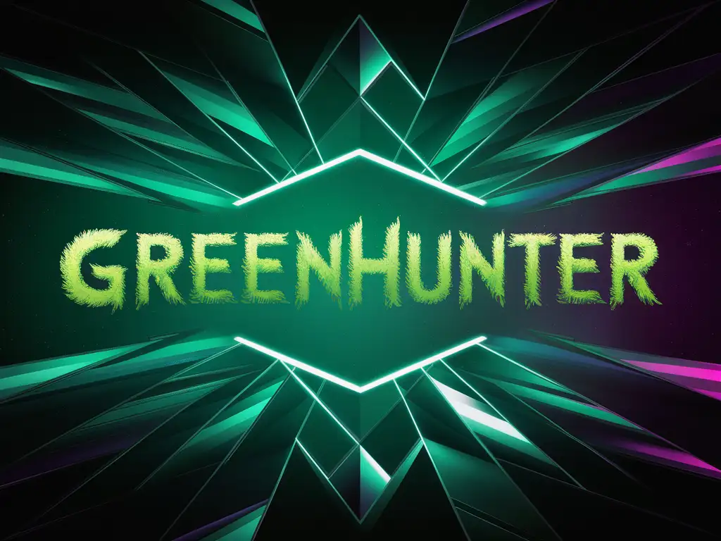pixel art video game splash screen, geometric vaporwave background, more natural looking text in grass-green that reads "GREENHUNTER"
