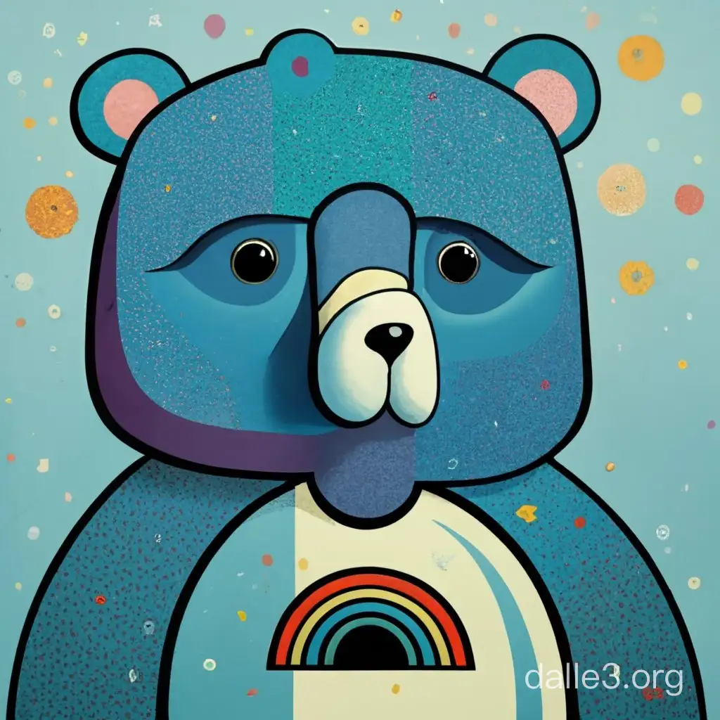 Moody blue colored care bear wi to white belly in the painting style of Picasso