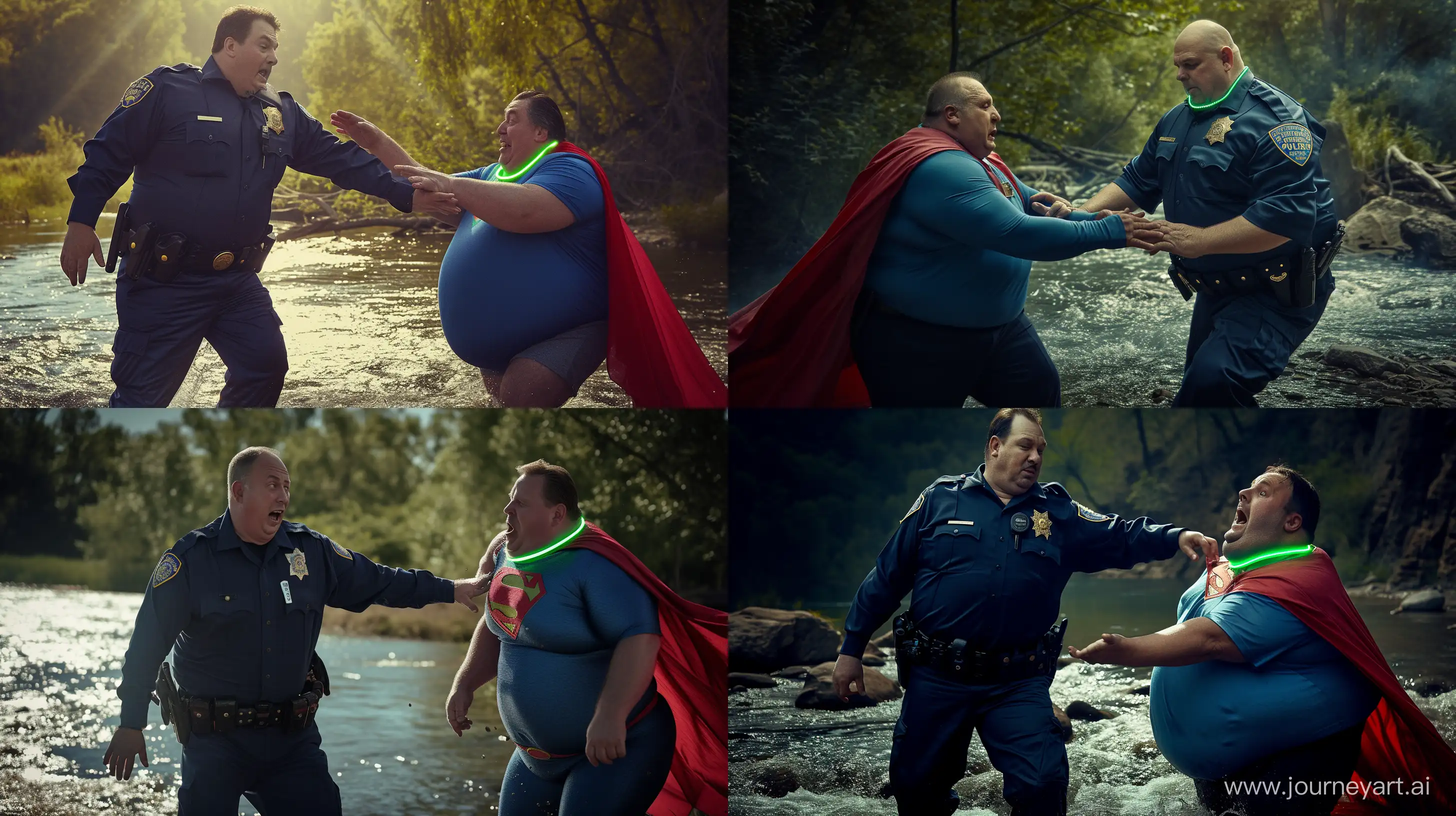 Photo of a 100 kg man aged 60 wearing a navy police tactical silk uniform dragging the hands of a fat man aged 60 wearing a tight blue 1978 smooth superman costume with a red cape and a tight green glowing neon dog collar on his neck. Natural Light. River. --style raw --ar 16:9 