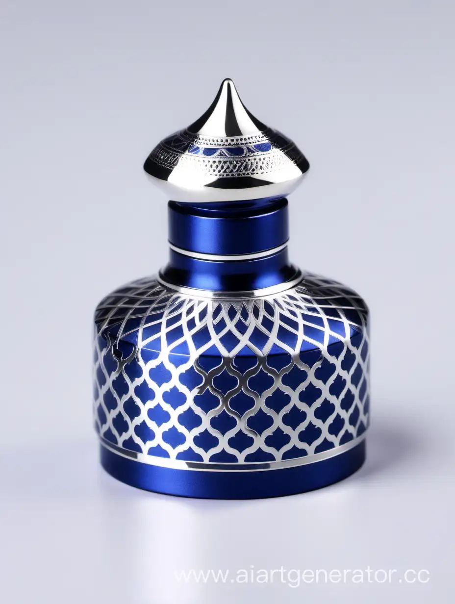 Zamac Perfume decorative ornamental long cap, SHINY DARK BLUE  color with matt WHITE border line arabesque pattern shaped | metallizing finish
