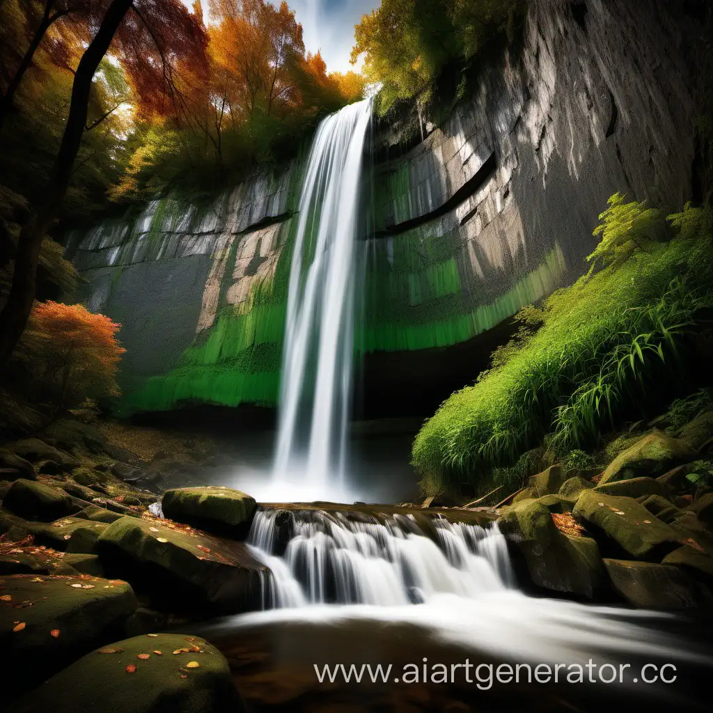 "Создайте фотографию, на которой запечатлено впечатляющее водопадное падение. Объект - высокий и пышный водопад с бурлящей водой. Окружающие детали включают зеленые густые леса с оттенками осенних красок и каменистые скалы вокруг водопада, добавляющие некоторую текстуру к сцене.  Стиль изображения должен быть ярким и живописным, чтобы подчеркнуть красоту природы. Параметры съемки на фотоаппарат: использование широкоугольного объектива для включения всего водопада и его окружения, диафрагма f/8 для достижения глубокой глубины резкости, выдержка 1/10 секунды для эффекта потока воды. Также учтите, чтобы фокусировка была на водопаде, чтобы подчеркнуть его основу и текучесть.  Пожалуйста, создайте изображение с соотношением сторон 3:2, используя команду 'ar 3:2' для подходящих пропорций."