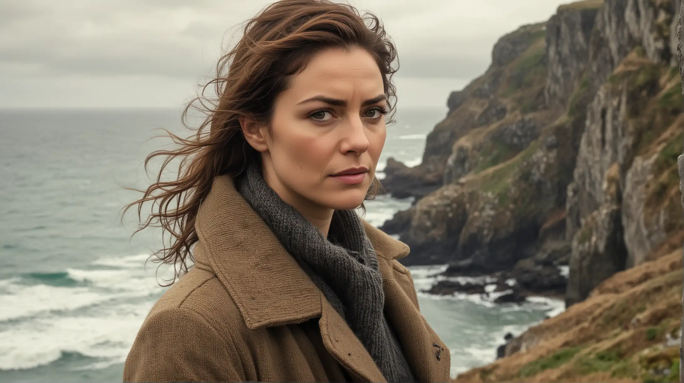 The second image needs to focus on Cora herself – a determined, resilient detective with a complex past. She is in her late thirties, with sharp features, keen eyes that have seen too much, and hair that's often windswept from her outdoor investigations. Cora is depicted standing at the edge of a cliff overlooking the sea, symbolizing her return to her roots and the emotional and professional precipices she faces. Her expression is one of resolve mixed with a hint of sorrow. She's dressed in practical detective attire that blends with the landscape – think rugged boots, whoolsweater , and layers suitable for the unpredictable Scottish weather.