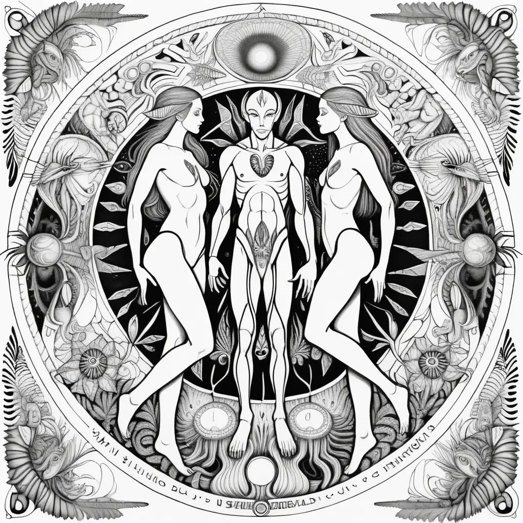 black & white, coloring page, white background, high details, symmetrical mandala, clear lines, adam and eve on alien world