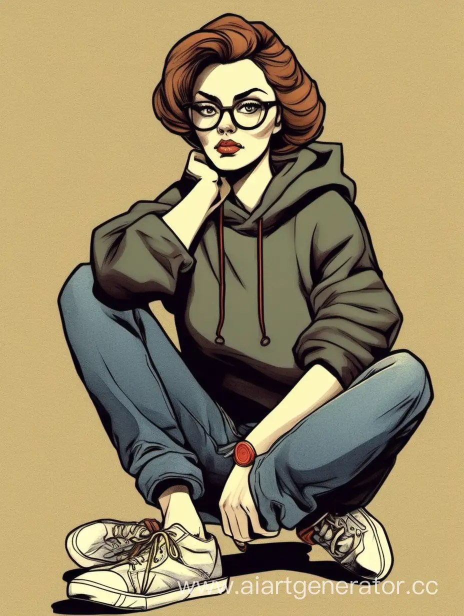 Style: Soviet cartoon
Woman. Age: 25-30 years. Appearance: Slavic, toned physique. Clothing: Jeans, shoes, sweatshirt. Accessories: Glasses. Mood: Thoughtful.