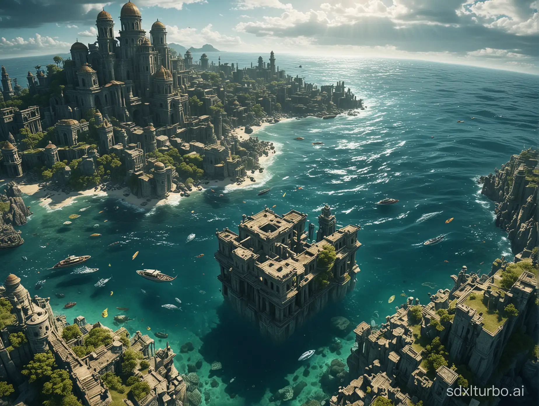 Lost city under the ocean,wide angle,aerial view,ultra realistc