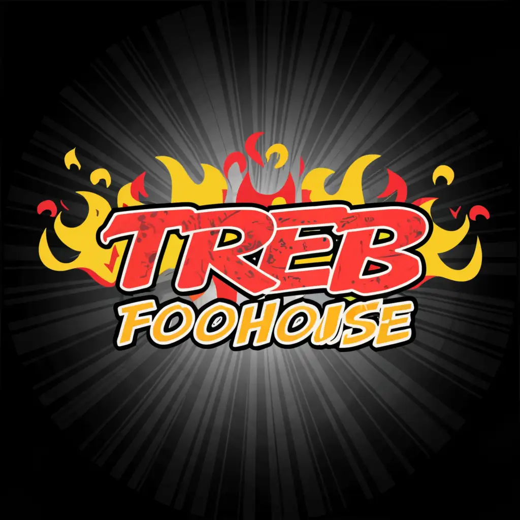 a logo design,with the text "Treb FoodHouse", main symbol:red, yellow and black flames that engulf the letters that has splash art flame background,complex,be used in Restaurant industry,clear background