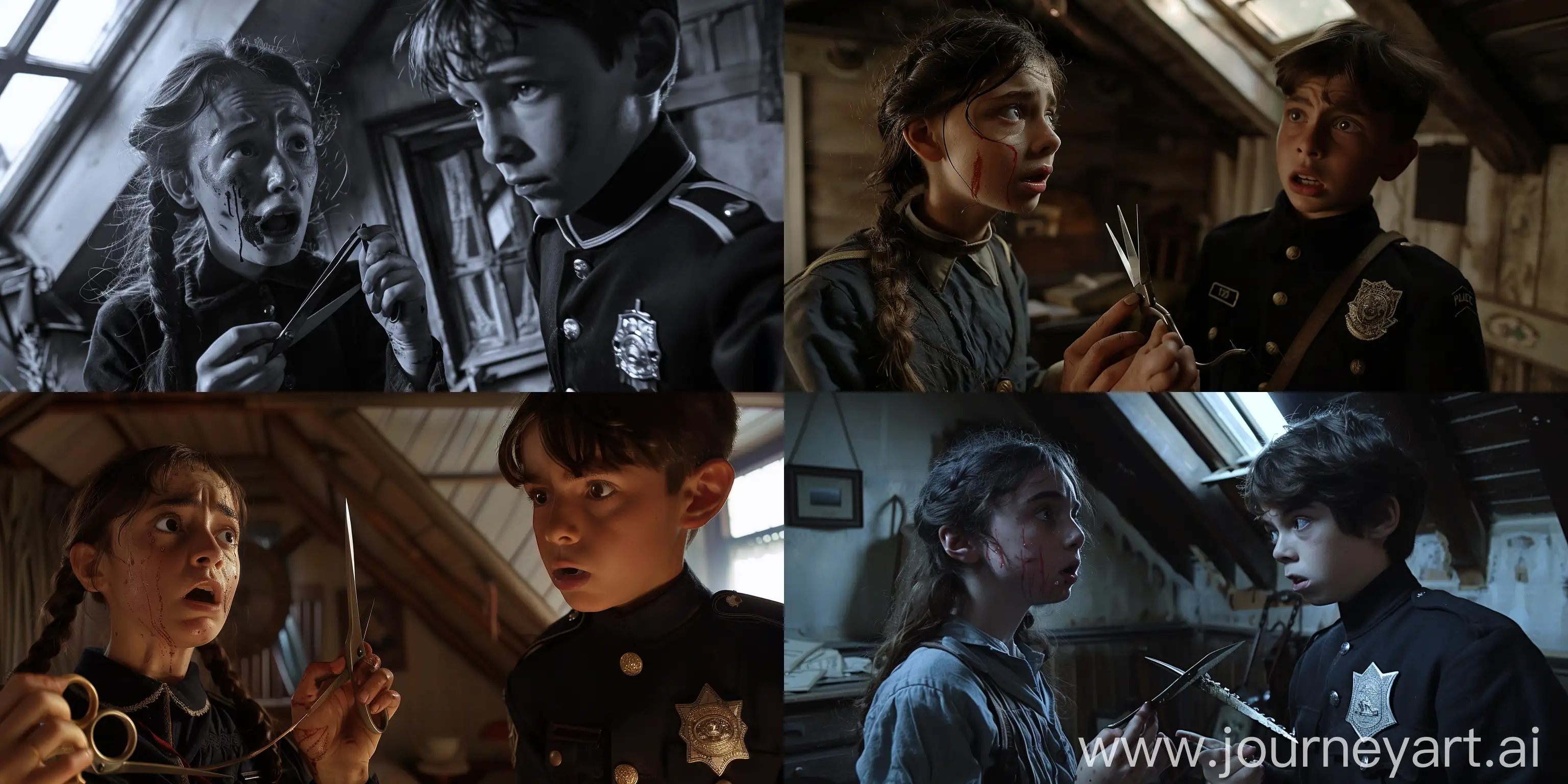 A 15-year-old girl holds sharp scissors in her hands and with tear-stained and shocked eyes looks at a 14-year-old boy in a police uniform who is trying to attack her, 19th century, room with access to the roof, shot by Canon R5C --ar 2:1 --style raw 