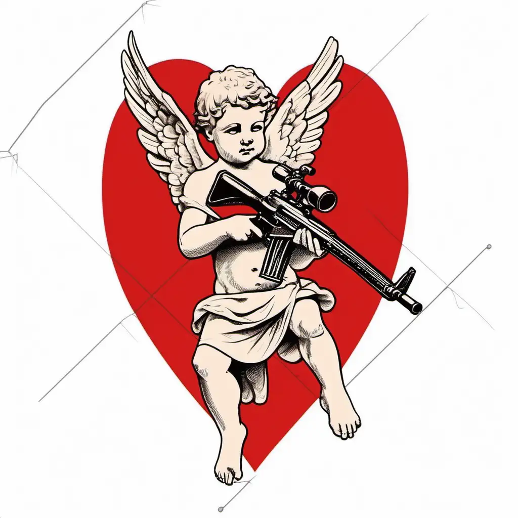 create a simple outline sketch based on this image of cupidon with a sniper's rifle