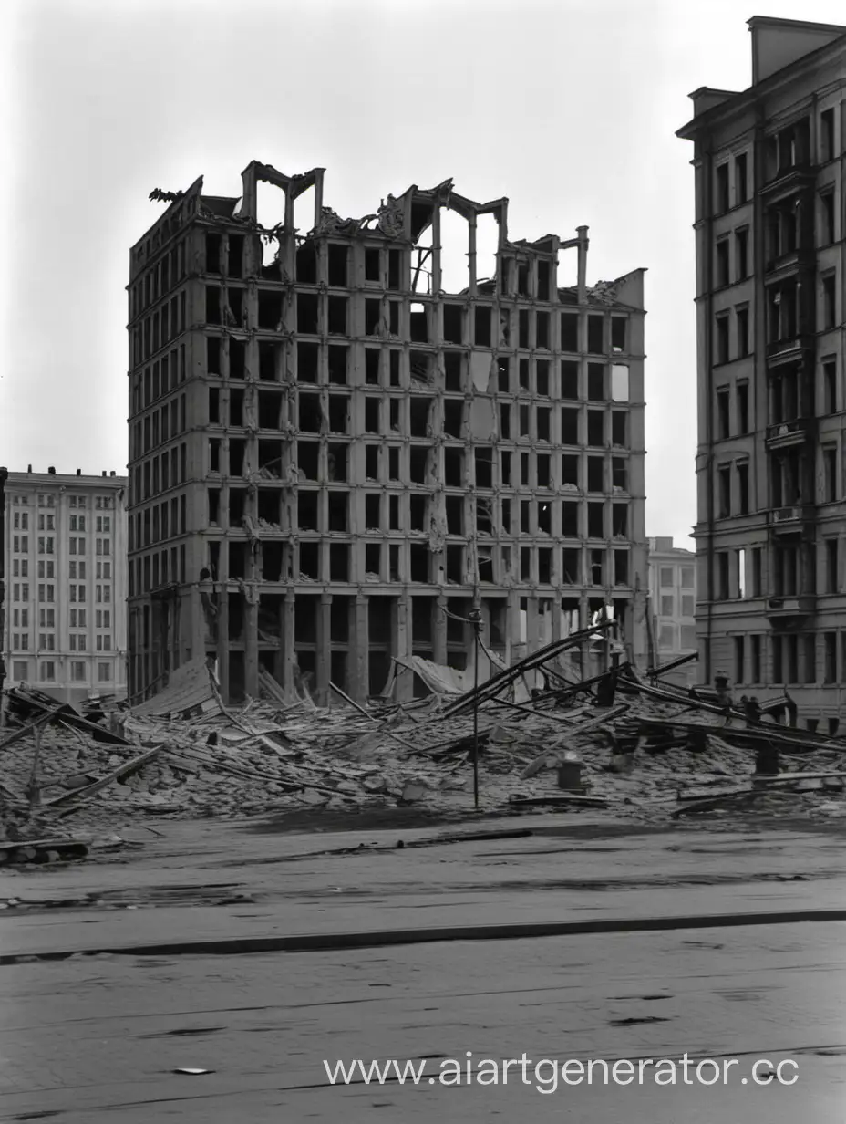 Черно-белое фото разрушенных зданий 1942 года, Блокада Ленинграда