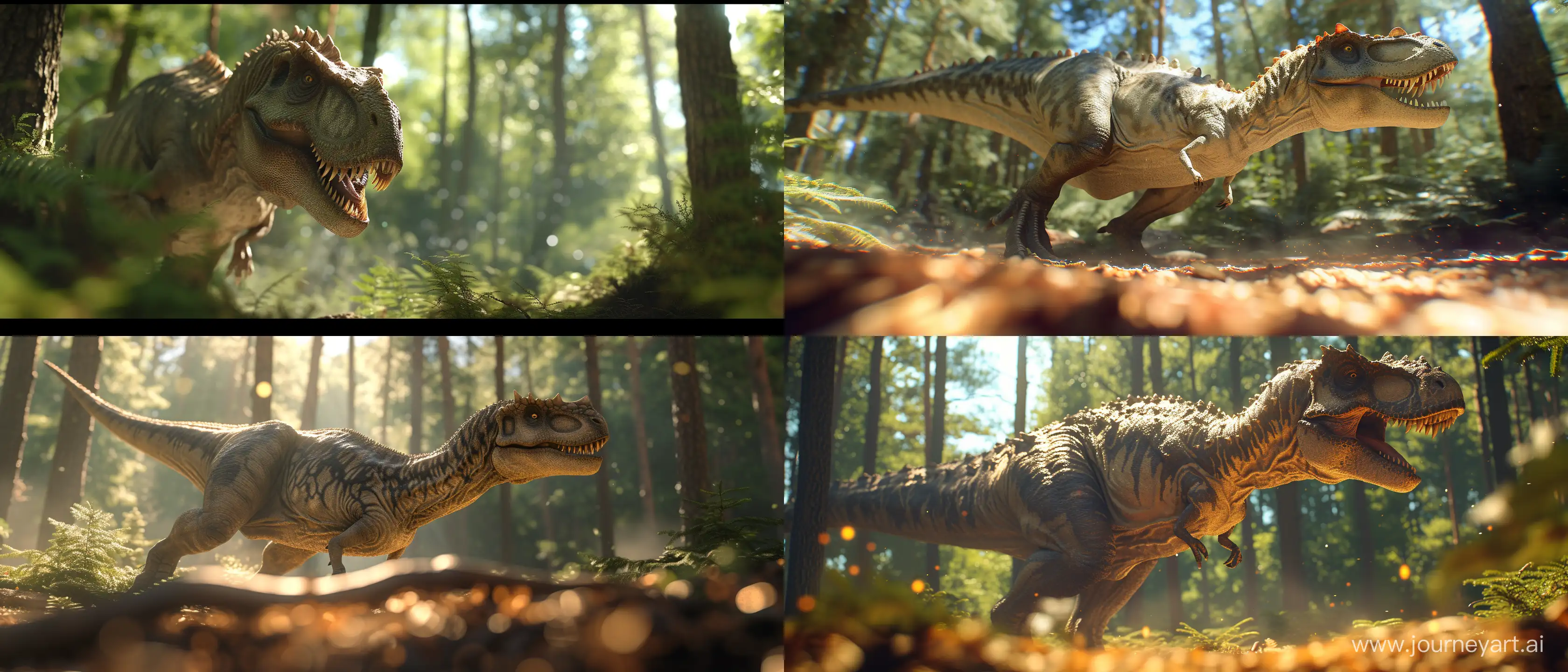 Dinosaur in the forest; sunny day; close up on part of the scene; using all the graphic, lighting, design and scenery techniques of the most hyper-realistic and current animations of the last generation; Ray tracing at an absurd and exaggerated level; 32k; absurd details; advanced mirroring techniques; better CGI; advanced blurring techniques in some specific points; advanced lighting techniques; cinematic style; Blurred
 bottom; Some blurred lights with different sizes throughout the image according to advanced cinematic techniques of hyper-realistic animations; Parts of the image with as much absurd detail as possible in 32k quality; --ar 21:9 --v 6.0