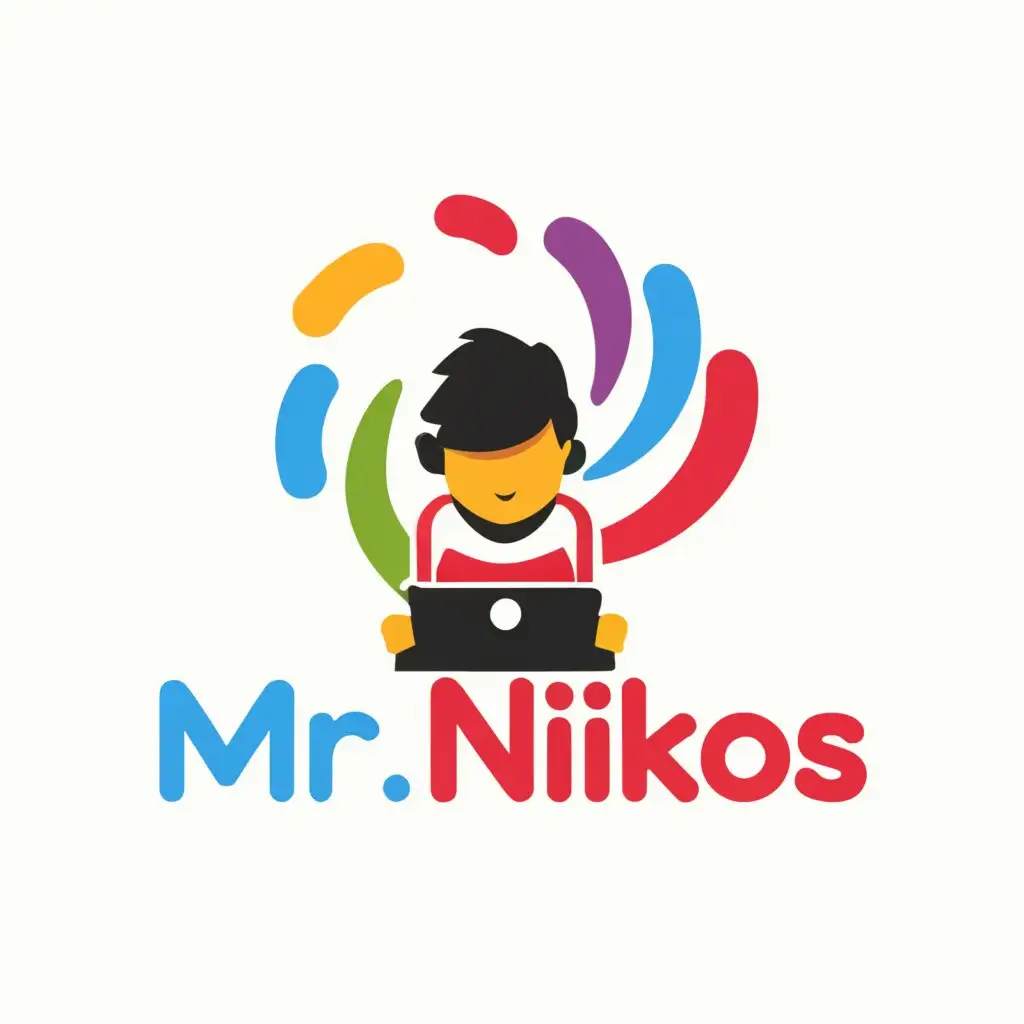 a logo design,with the text "Mr. Nikos", main symbol:The child is playing computer,complex,be used in Entertainment industry,clear background