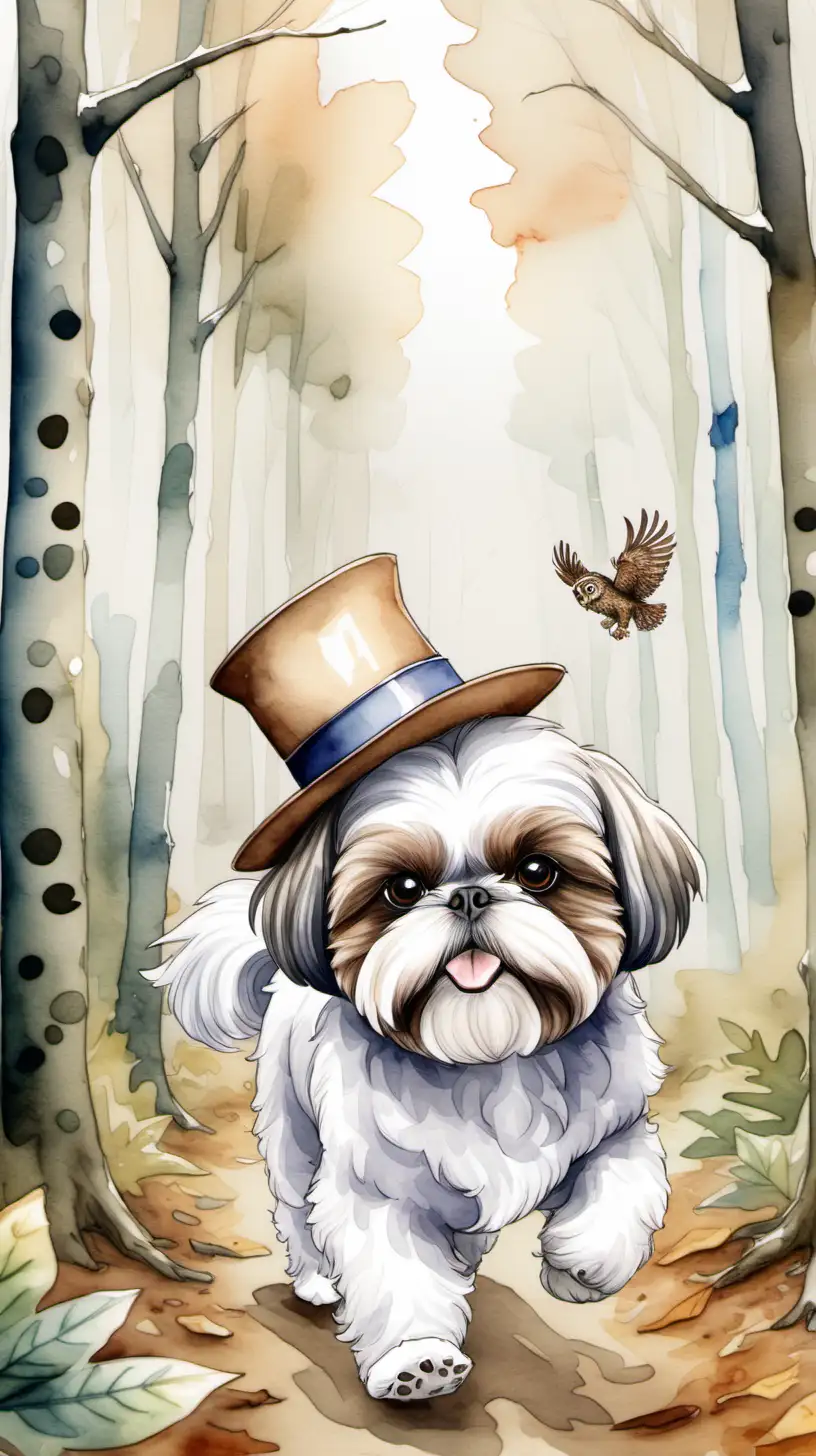 Create an image for a children's book of  of a white and brown shih tzu dog with a hat and an owl walking on the forest, use watercolor style, character style