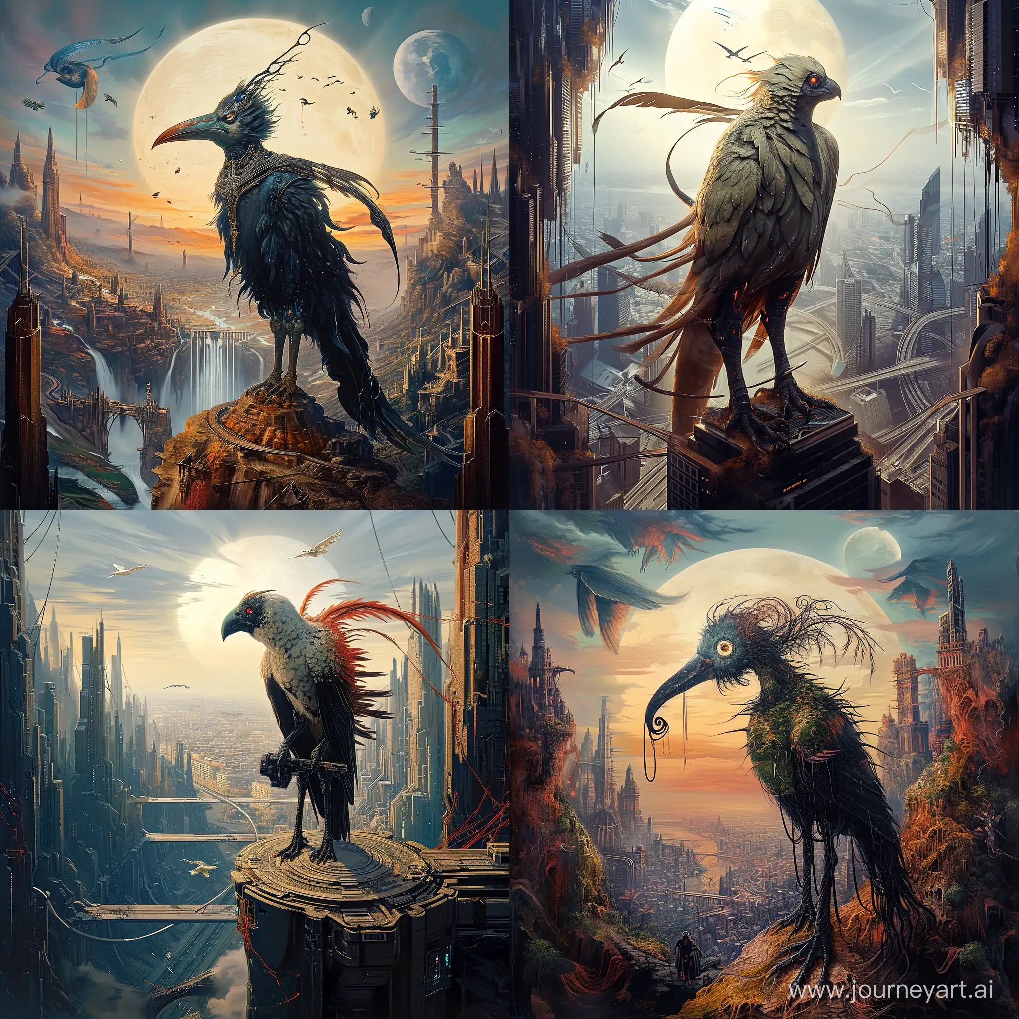 Cityscape-Fantasy-with-Anthropomorphic-BirdLike-Creature