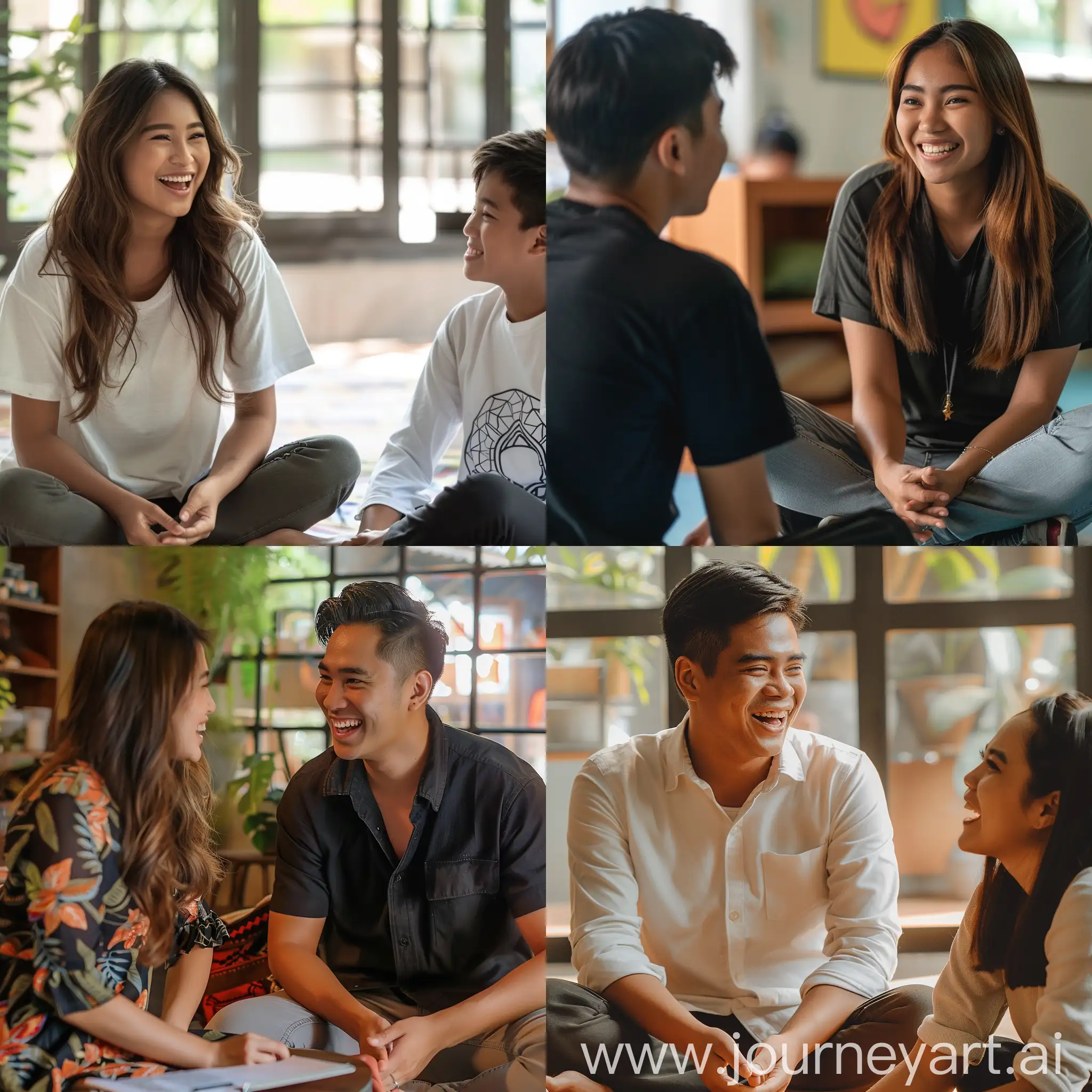 a beautiful modern fit filipina teacher, sitting cross-legged laughing at his student , make it look real