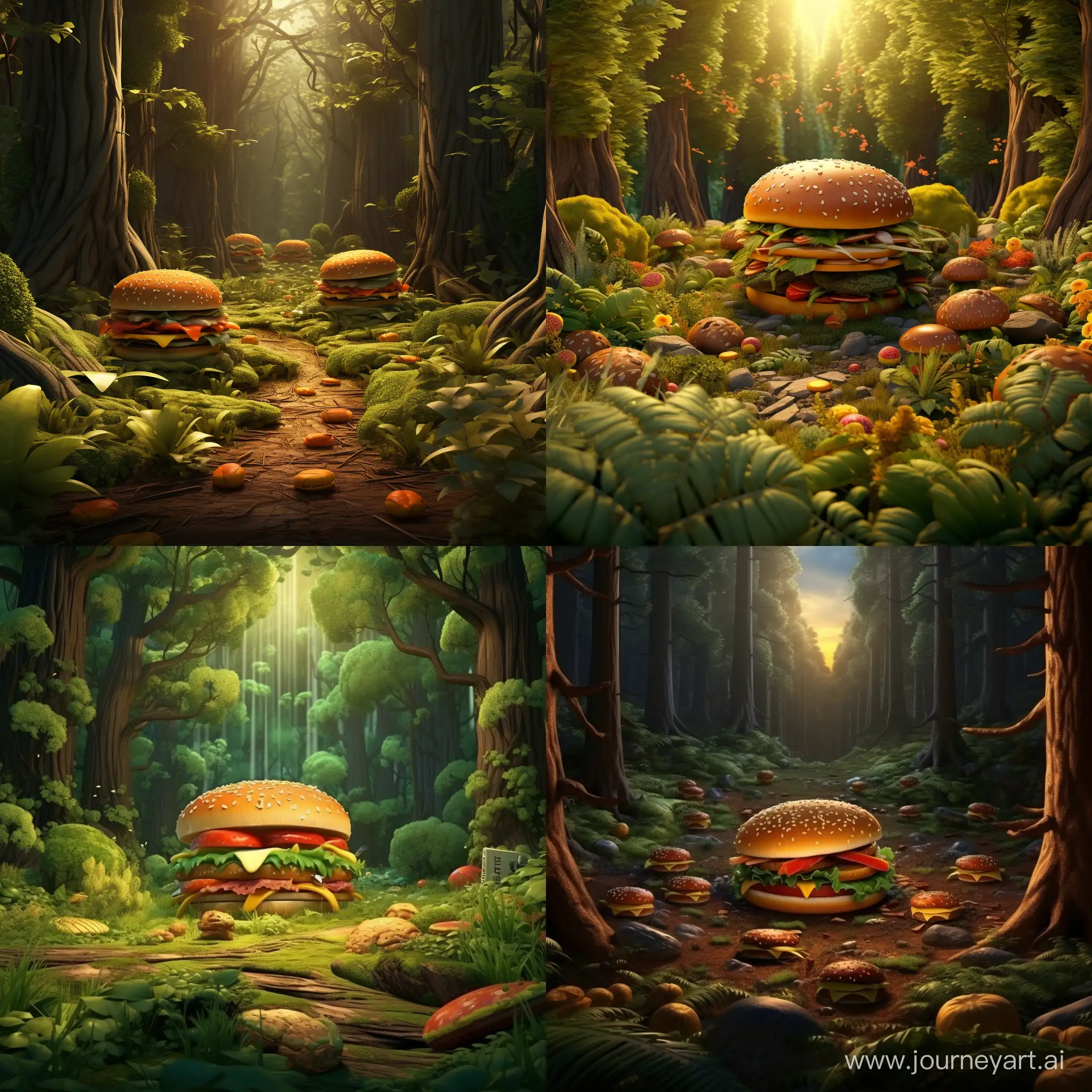 Big forest. There are a lot of burgers and a lot of fries on the ground. 3D animation 