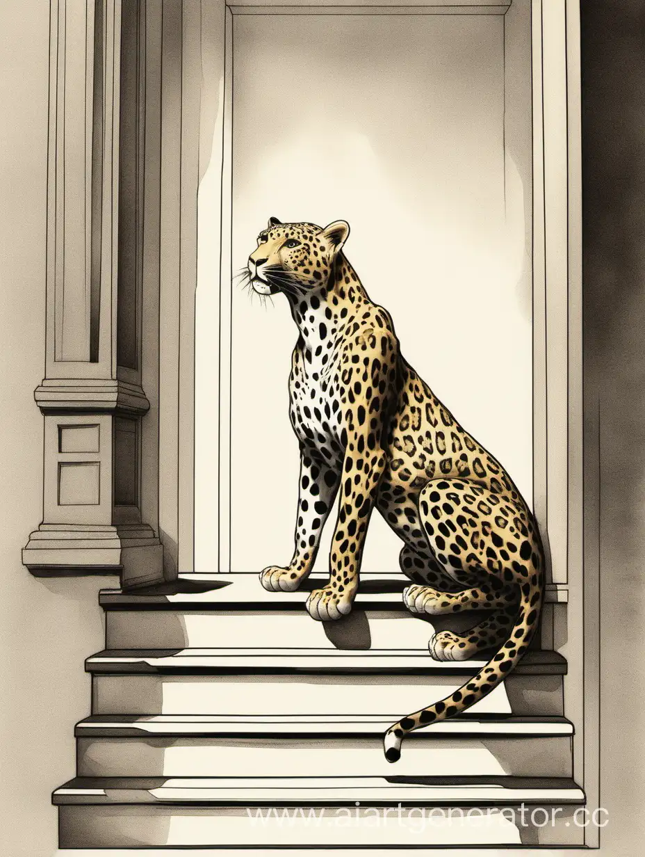 вид сбоку, женщина идет по лестнице вверх,  смотрит вверх и видит леопарда, который сидит на самой верхней ступени с гордо поднятой головой  