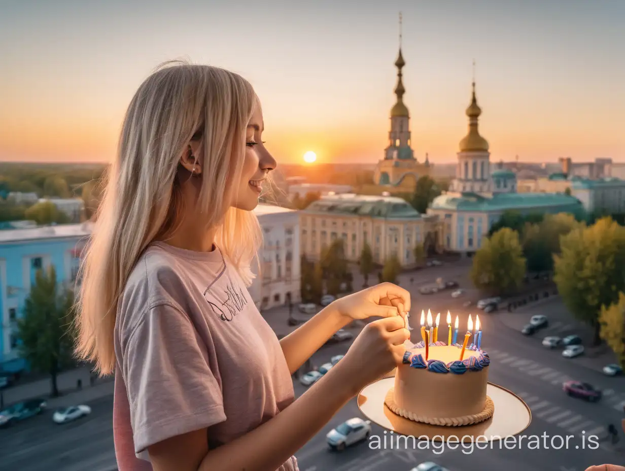 The sun rises over the city of Kharkiv. A girl is celebrating her birthday. The girl has blonde hair, around 33 years old, slender.