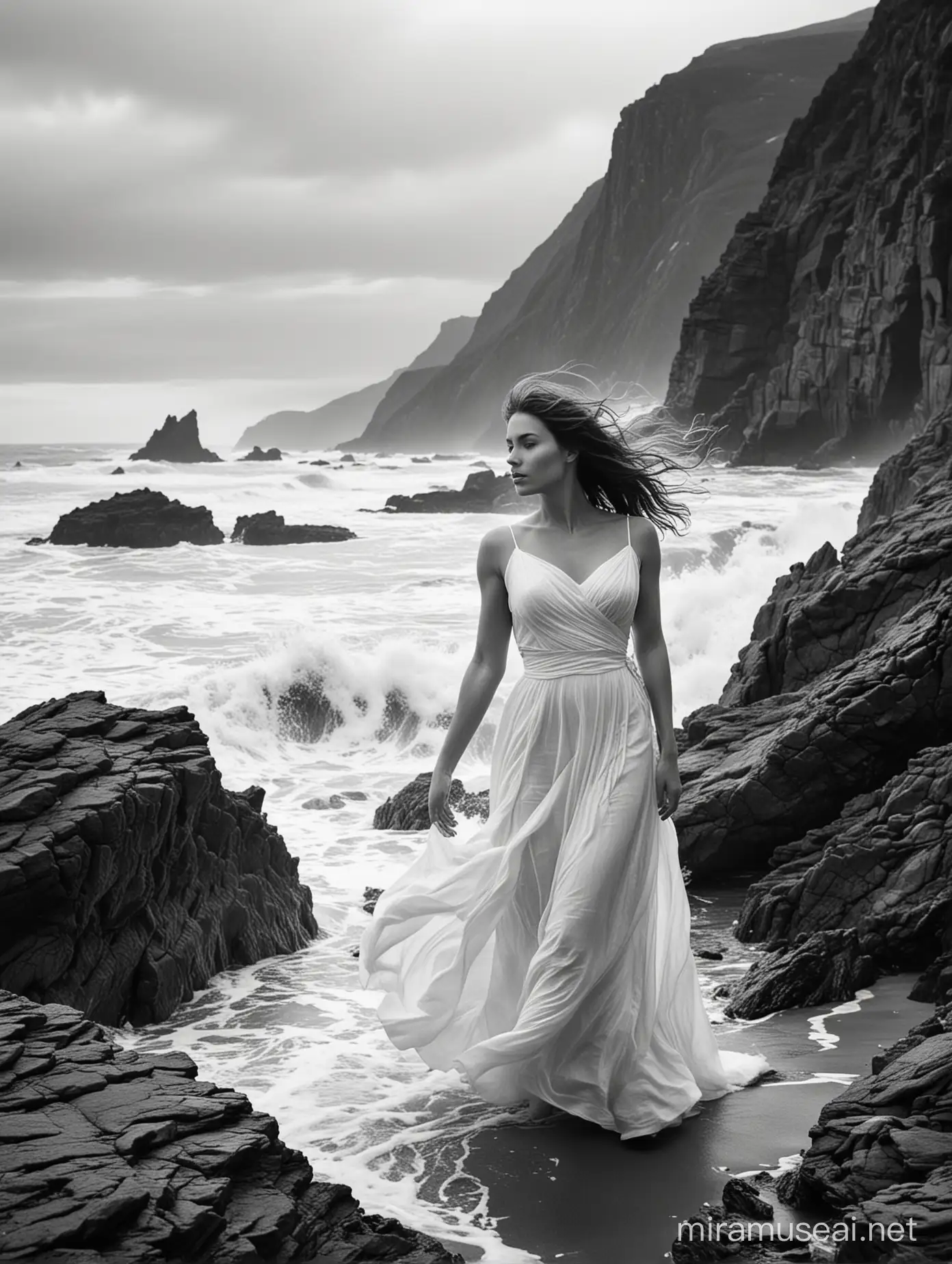 Ethereal Black and White Portrait of a Lady by the Windswept Coastline