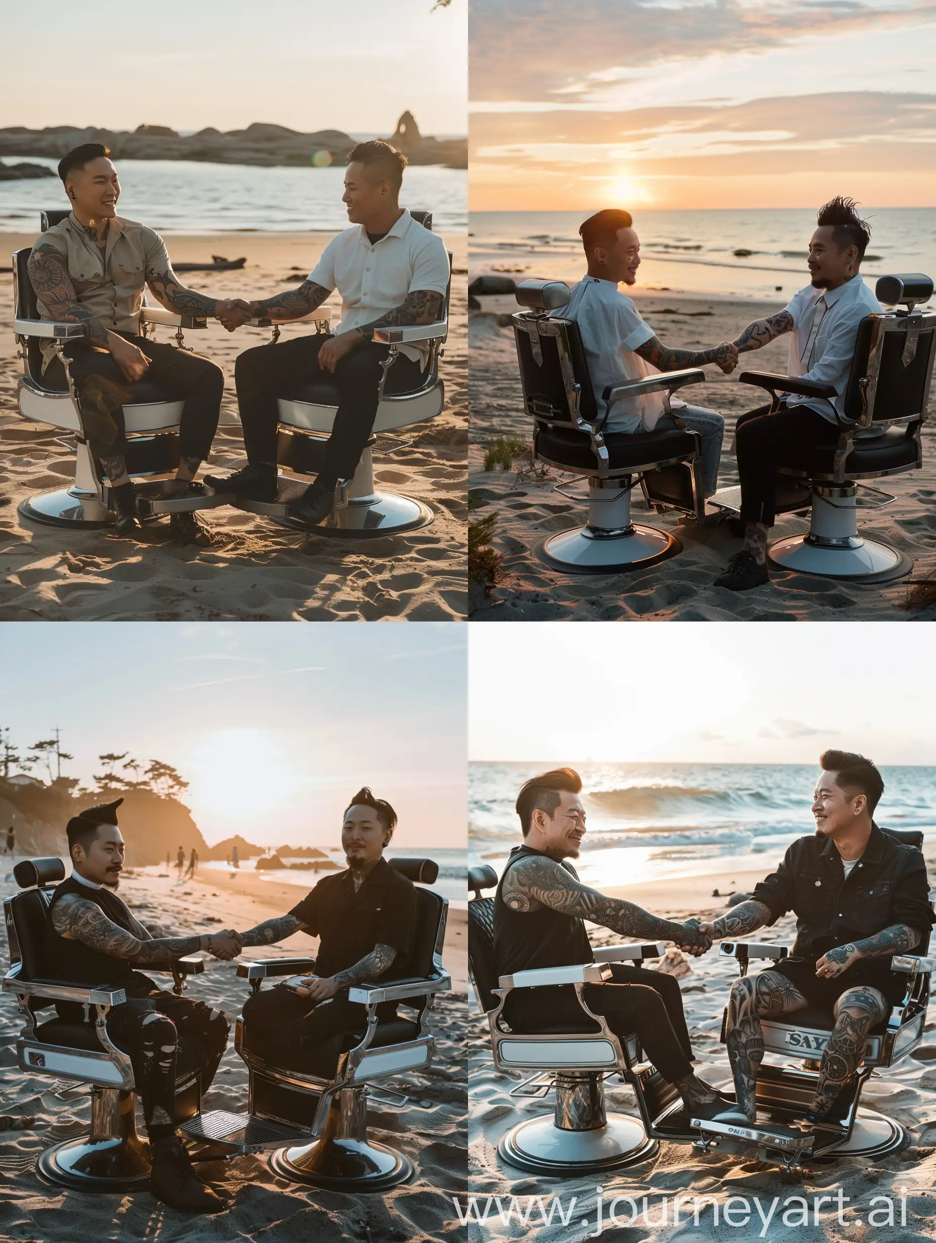 2 pria korea bertatto, sedang duduk di kursi barber premium, bertatto , sedang berjabat tangan, di pinggir pantai, kamera sony, dreamcacher 8K, 18mm lens, leica kamera