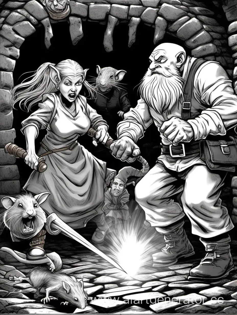 гном женщина друид и Мистер Пропер сражаются с огромной крысой в тёмном подземелье 
