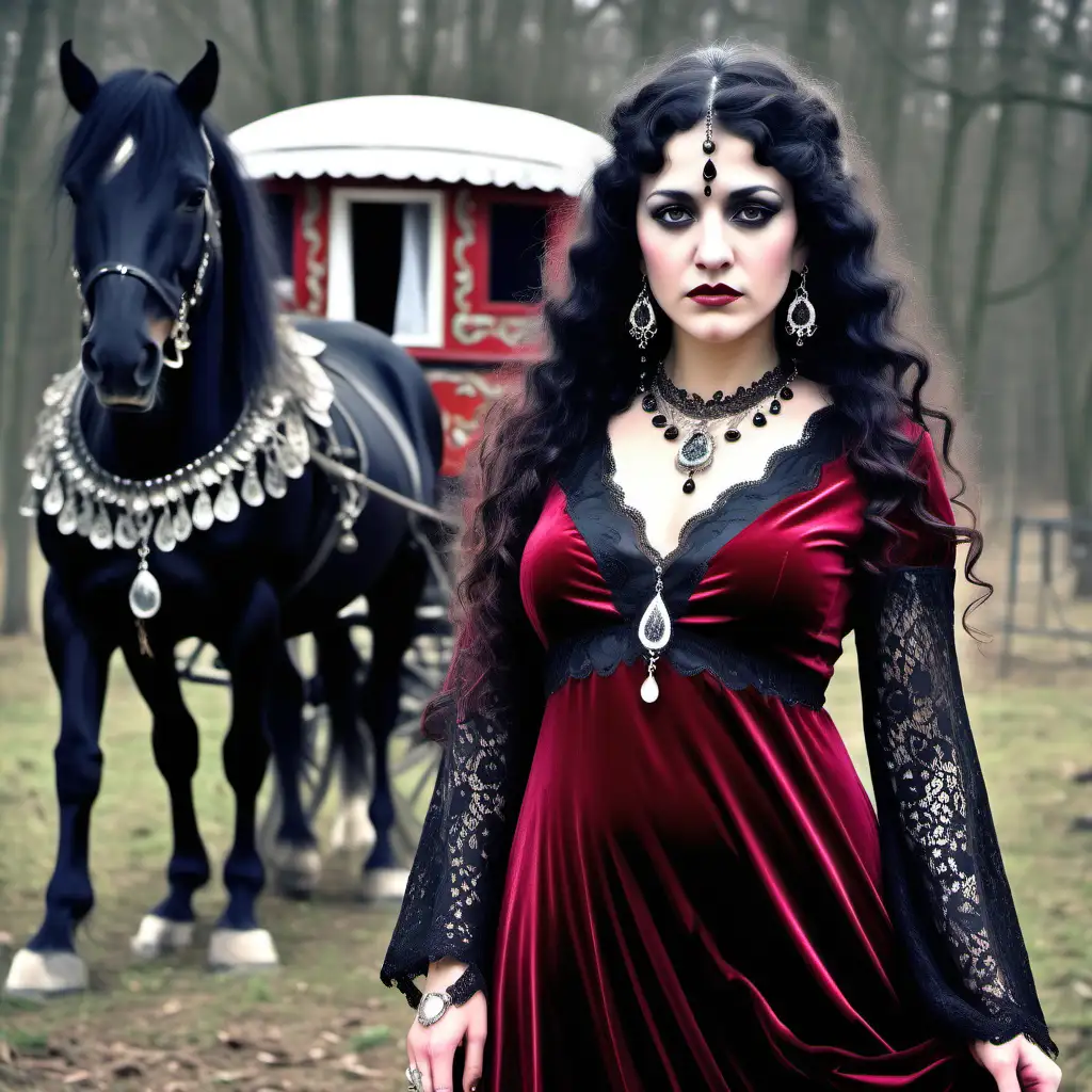 A Spanish gypsy lady with dark long curly  hair, black mascara on her eyelashes & black eyeliner, she is wearing a crimson velvet black lace dress & with  satin inserts & teardrop black jewels all around the hem of the dress , she wears Victorian Era drop earrings & matching black crystal & silver necklace & bracelet. She is reminiscing of her ancestors during her ritual of protection magic. In the background is a beautiful ornate gypsy wagon & 2 horses , it is midnight

