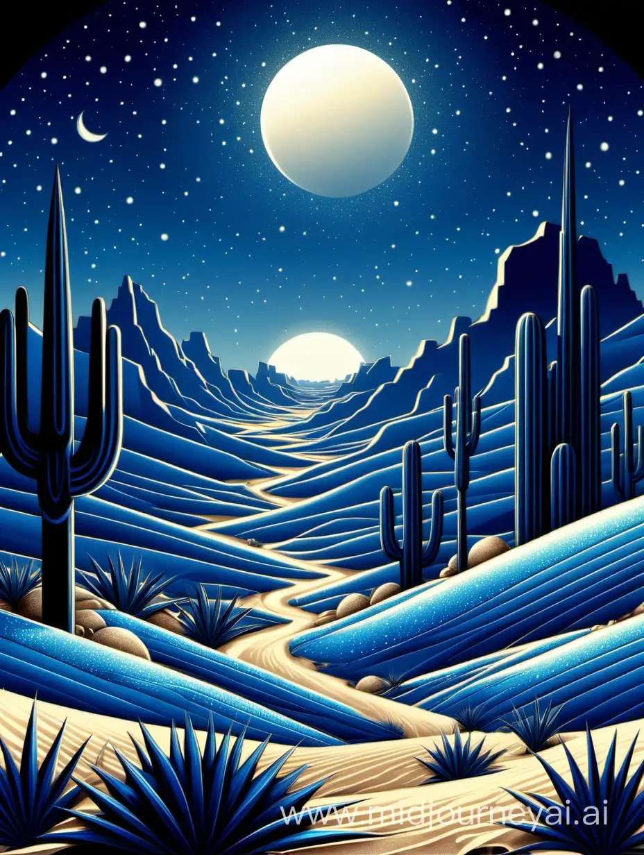 a blue moon is shining upon a glittering desert, 2d, landscape, art deco 