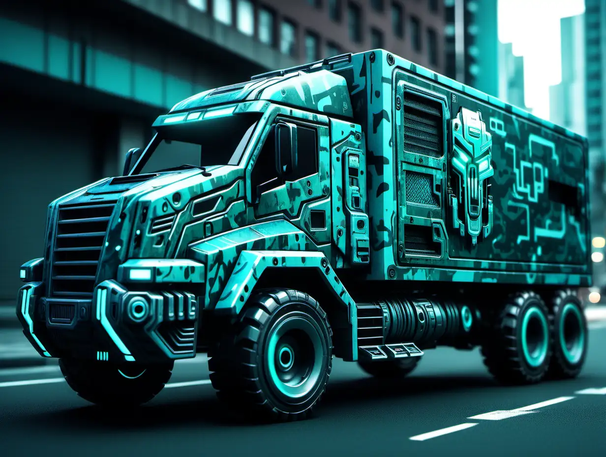 teal camo cyberpunk truck with EXVERSE city