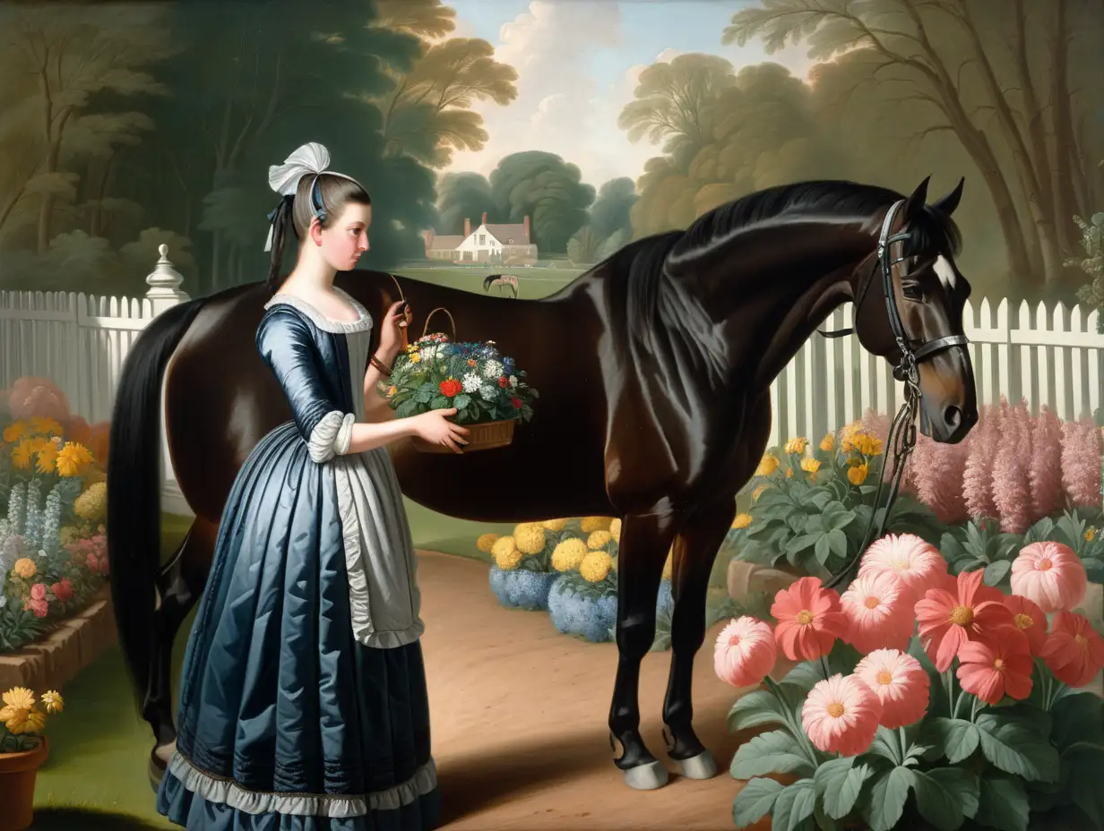 painting of a young woman in 18th century gardening clothes tending a flower garden with sleek black horse in the background in the style of gilbert stuart