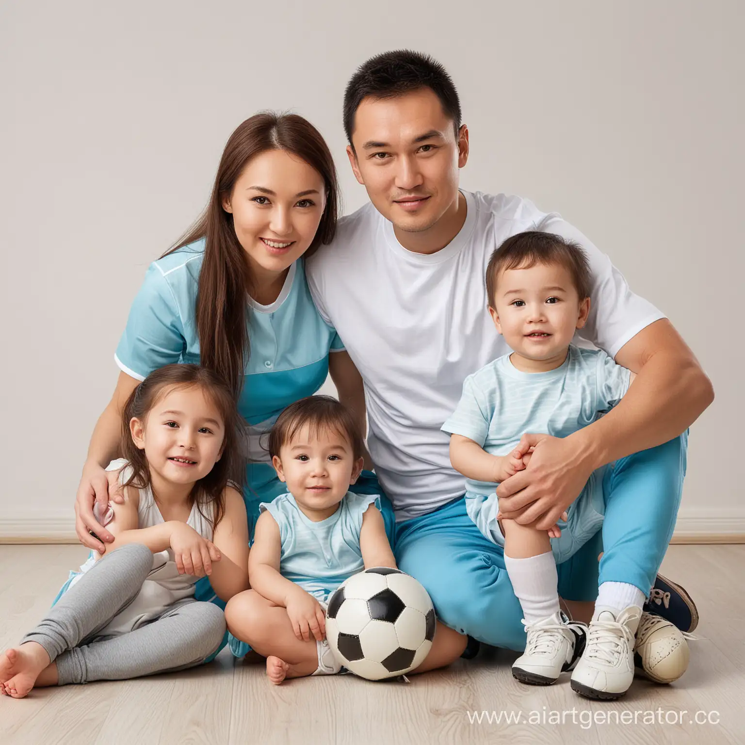 Kazakh-Family-Sitting-Together-with-Football-Ball-on-White-Background